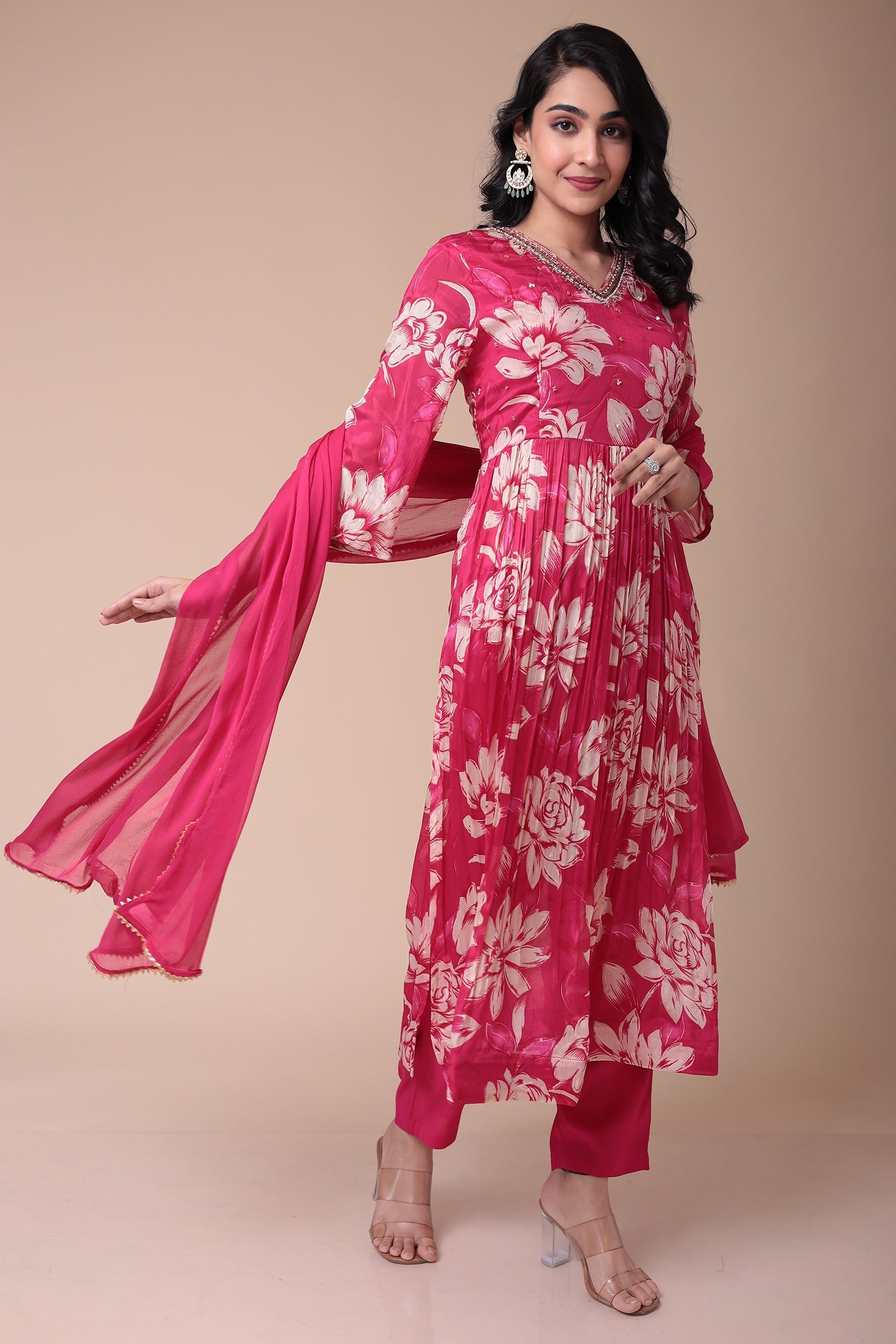 Printed Silk blend Kurta Set with Sequins work