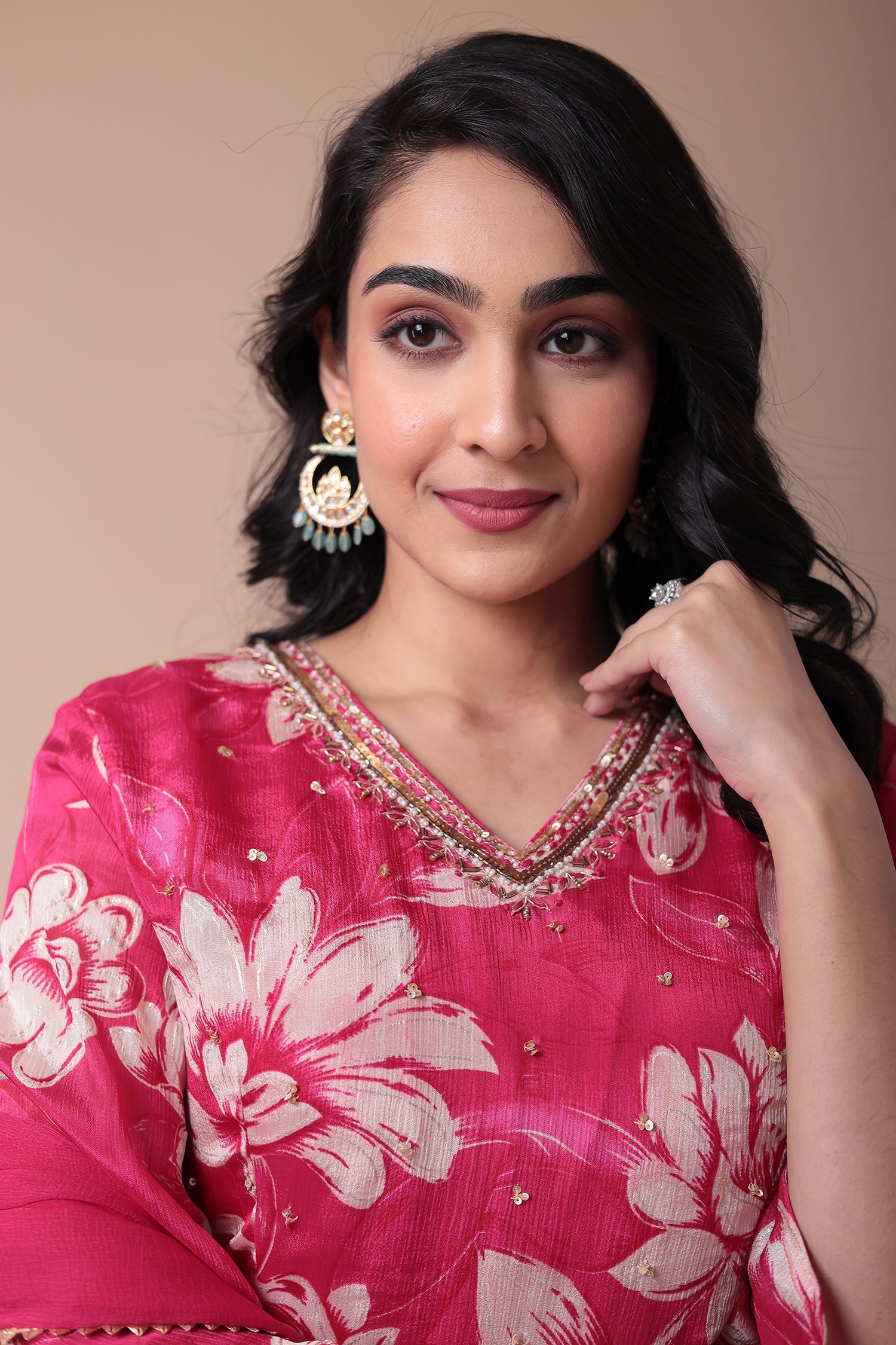 Printed Silk blend Kurta Set with Sequins work