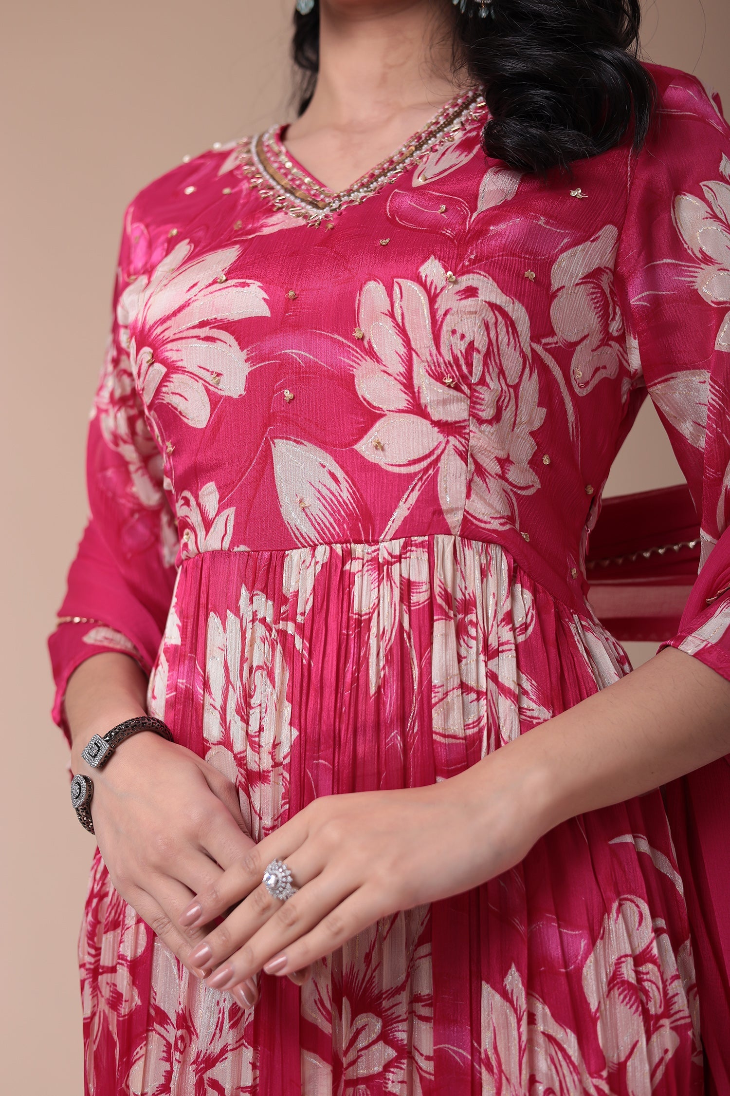 Printed Silk blend Kurta Set with Sequins work