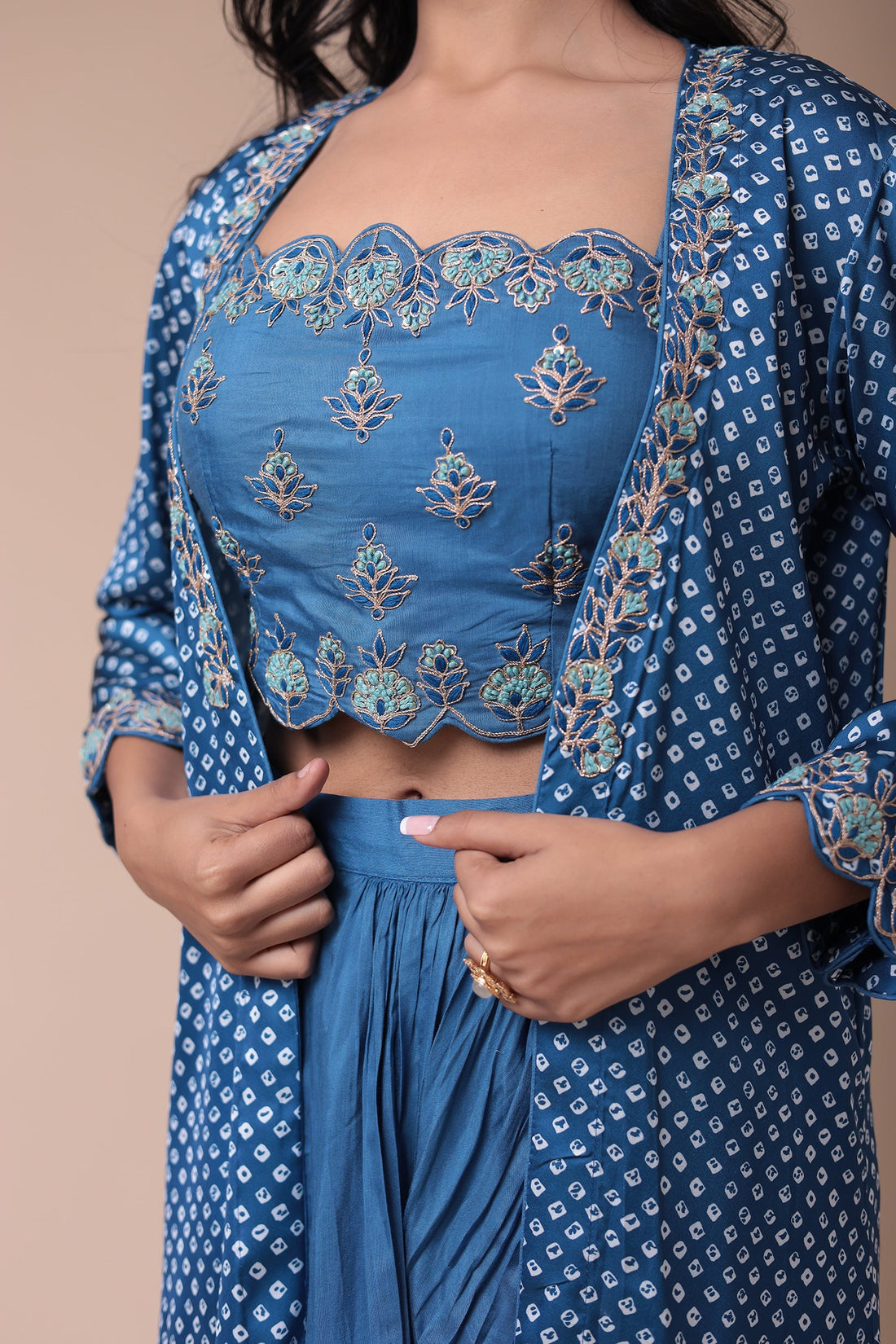 Bandhej Silk Jacket Style Indowestern with Dori and Embroidery