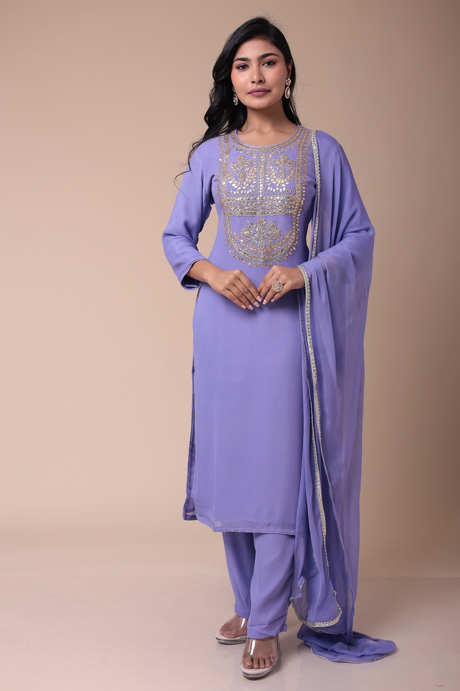 Embroidered Georgette Straight Cut Suit with Dori work