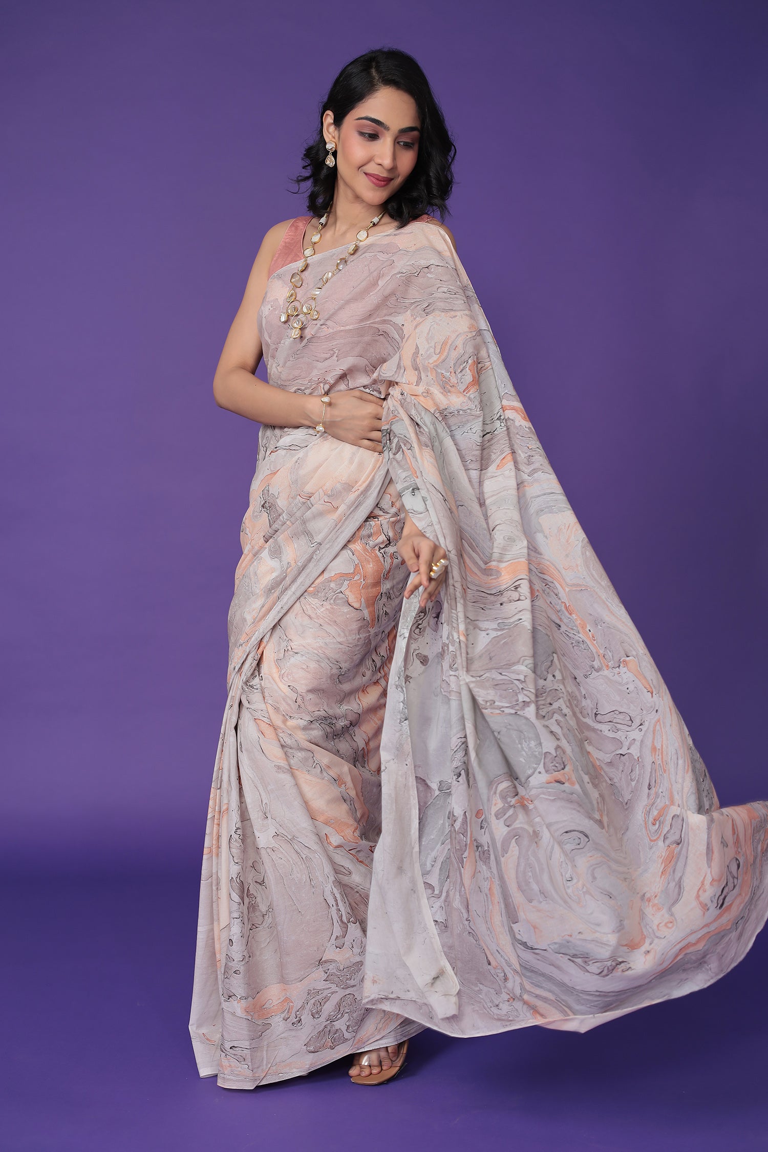 Mulmul Cotton Saree with Marble print