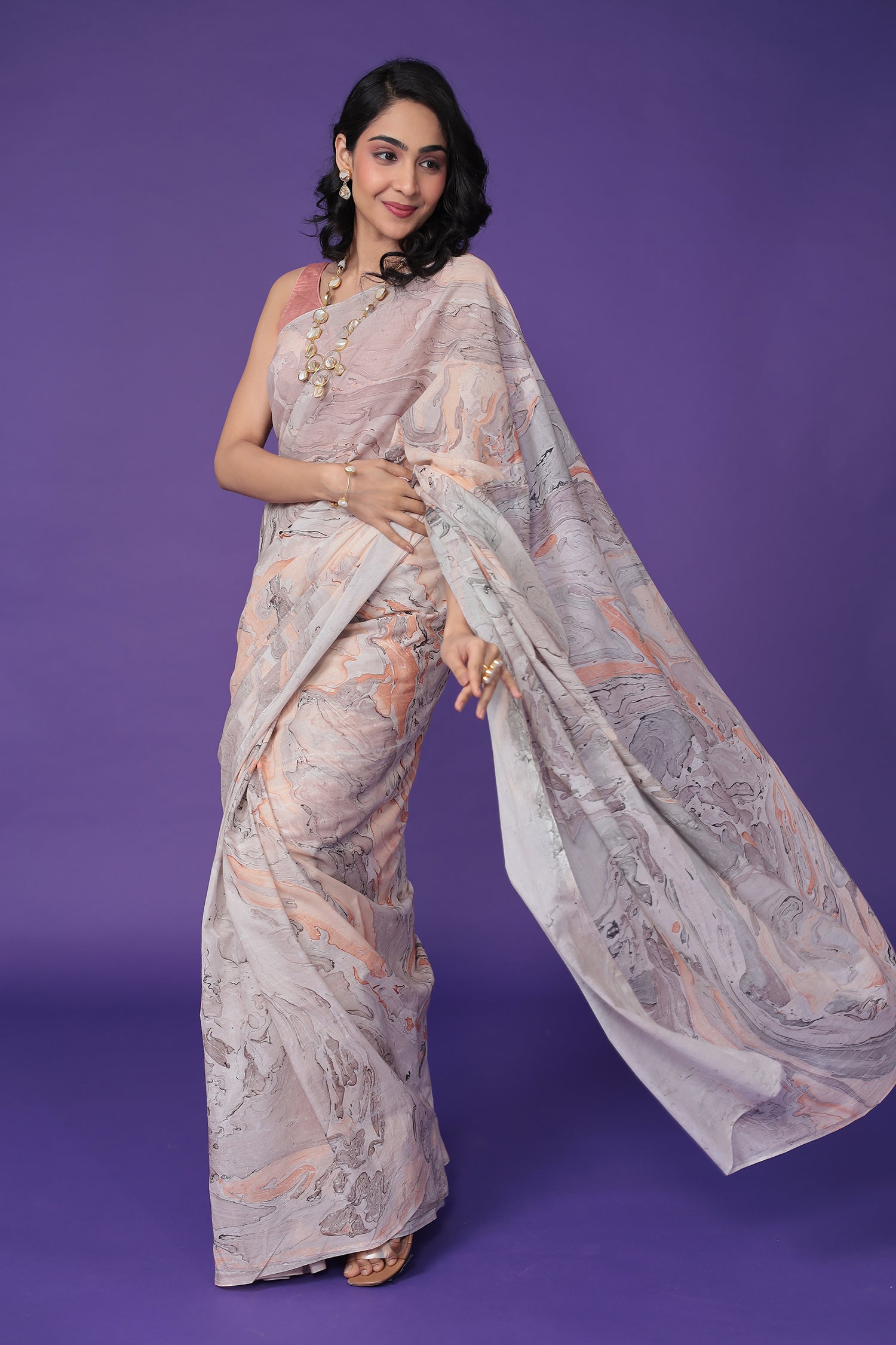 Mulmul Cotton Saree with Marble print