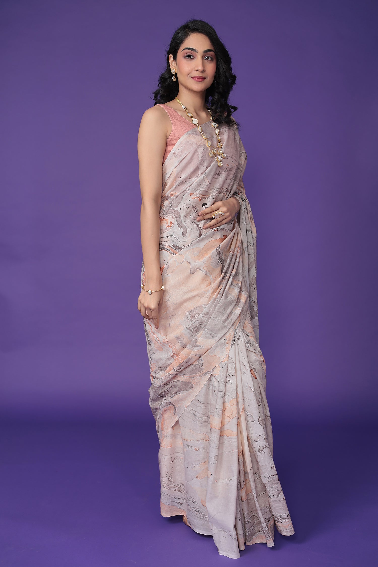 Mulmul Cotton Saree with Marble print