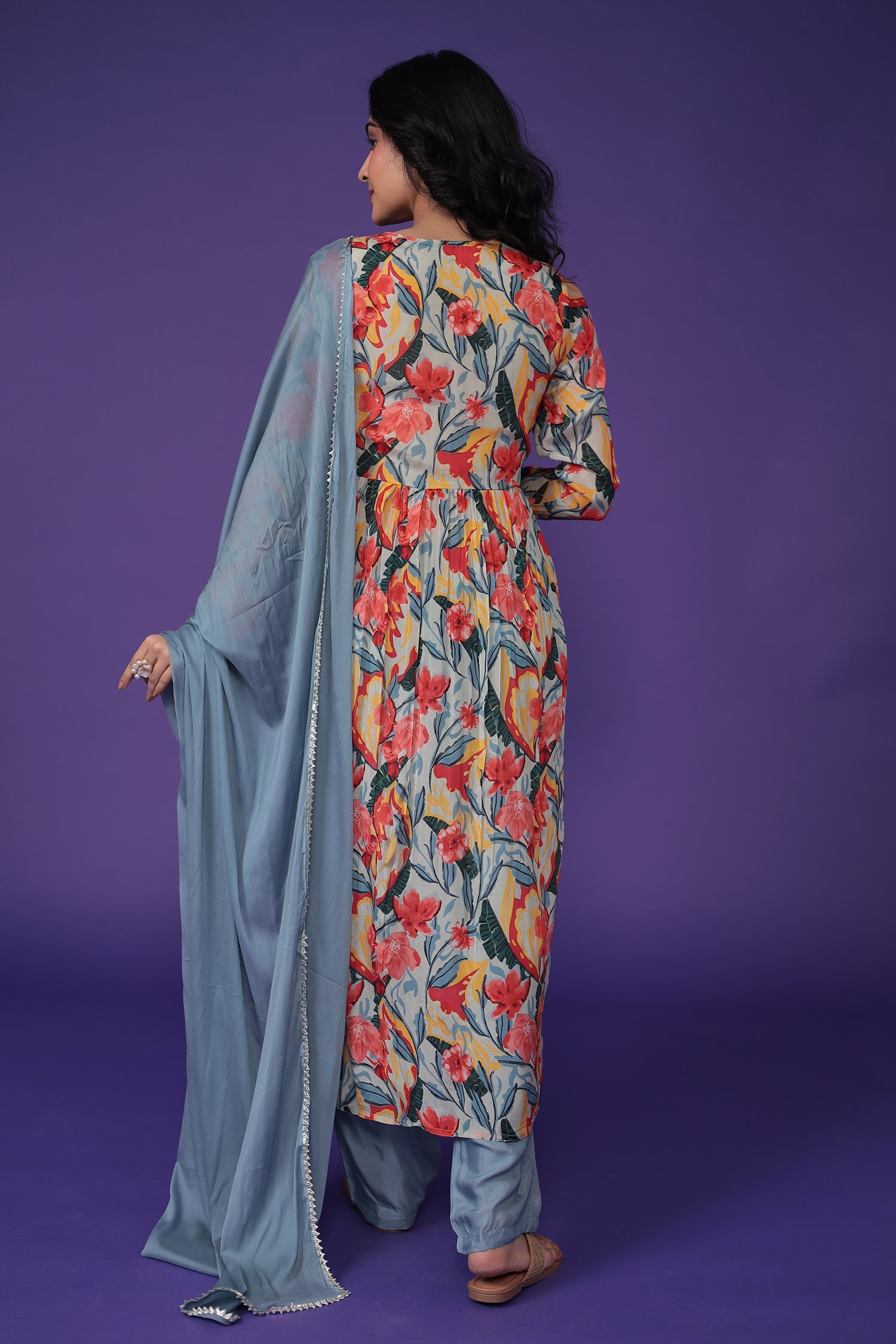 Printed Chinon Kurta Set Stitched with Embroidered work