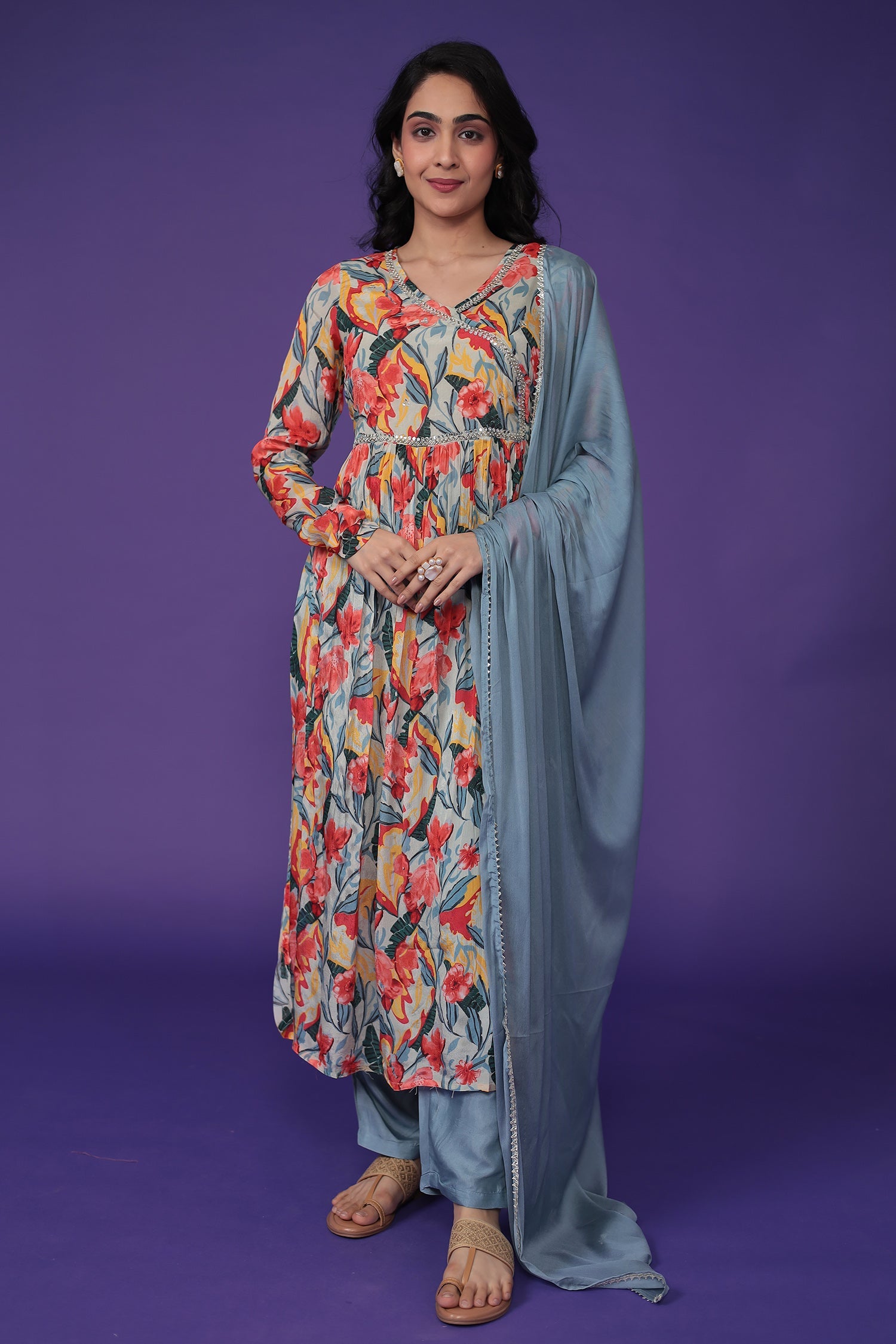 Printed Chinon Kurta Set Stitched with Embroidered work
