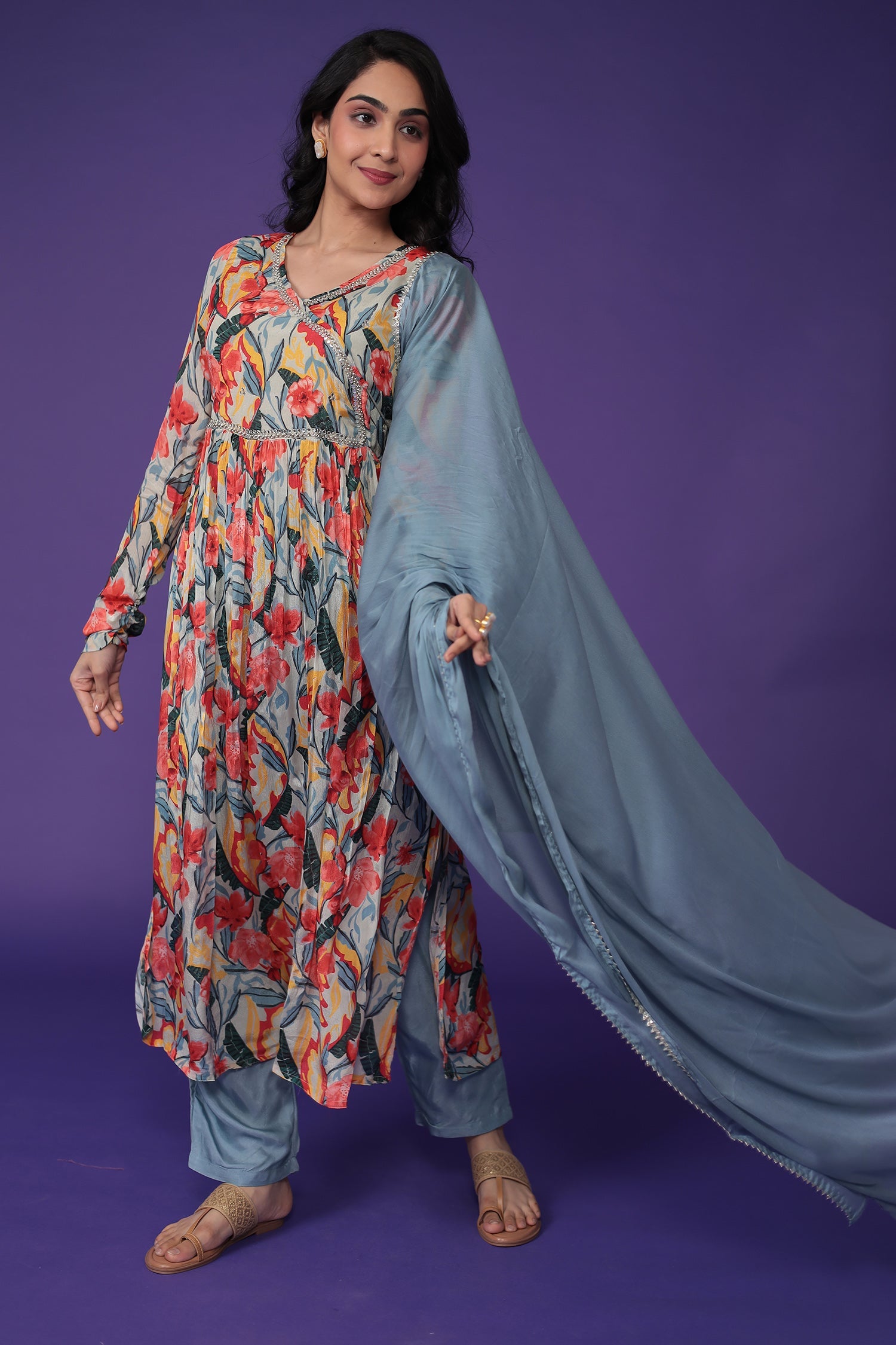 Printed Chinon Kurta Set Stitched with Embroidered work