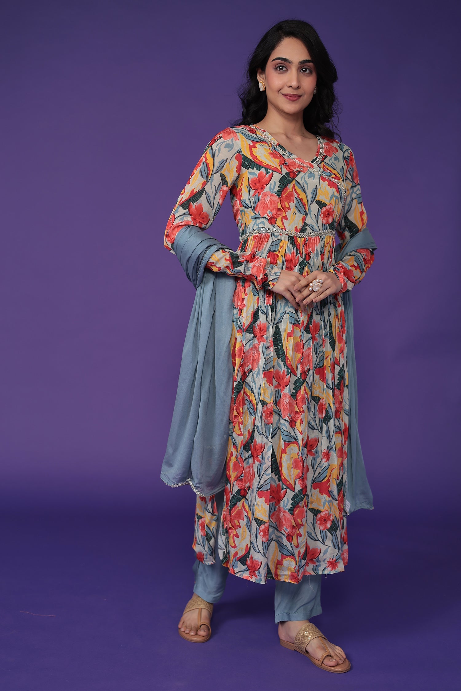 Printed Chinon Kurta Set Stitched with Embroidered work