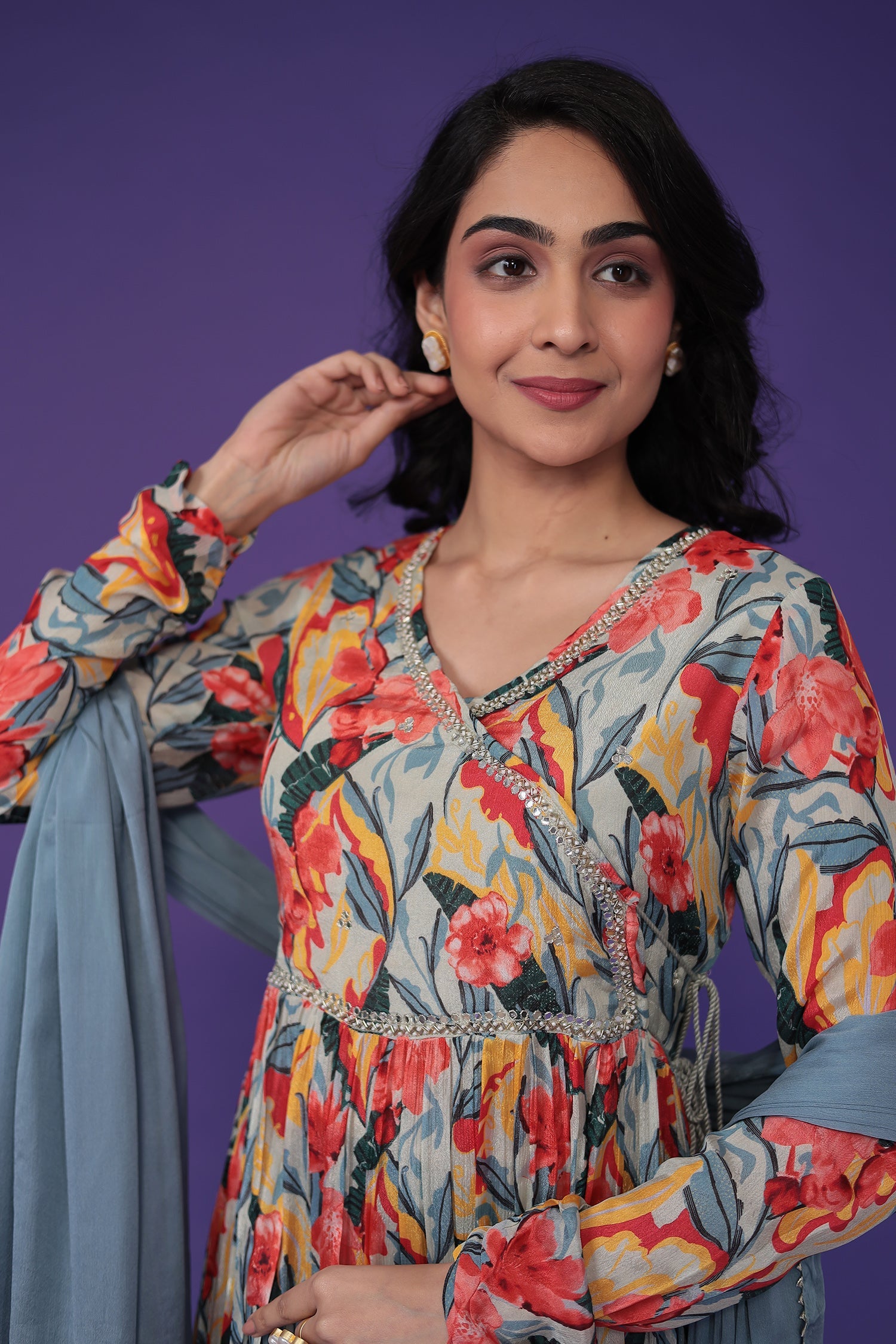 Printed Chinon Kurta Set Stitched with Embroidered work