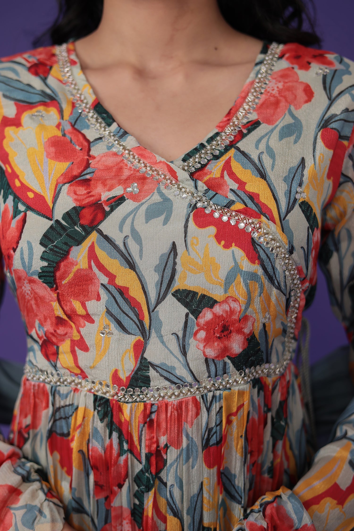 Printed Chinon Kurta Set Stitched with Embroidered work