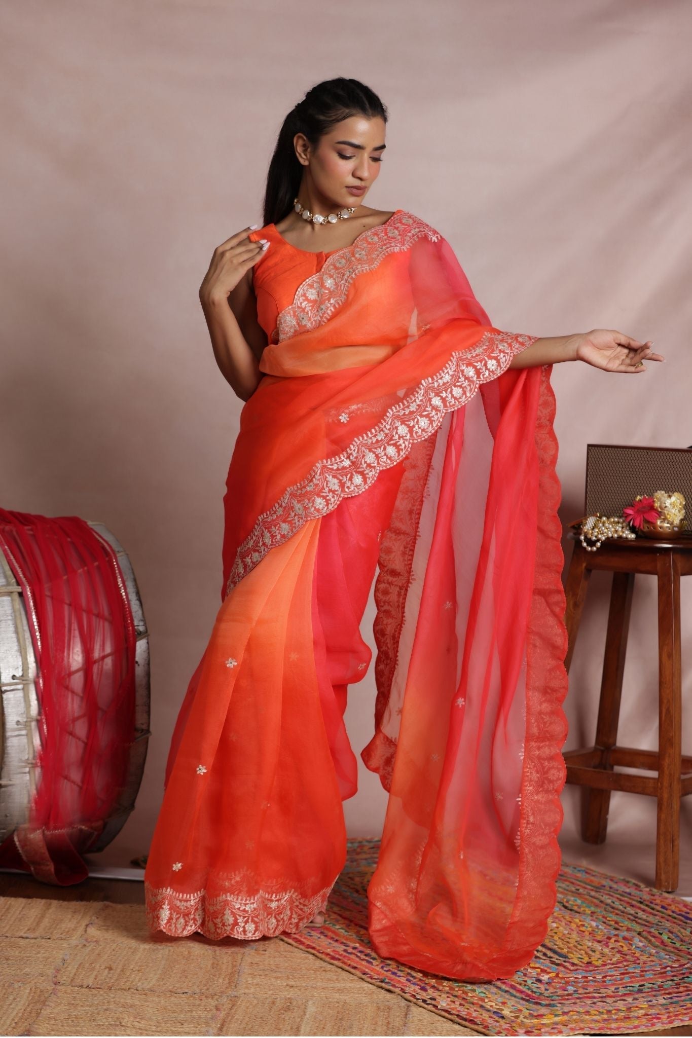 Shaded Organza Saree Embroidered with Pittan work