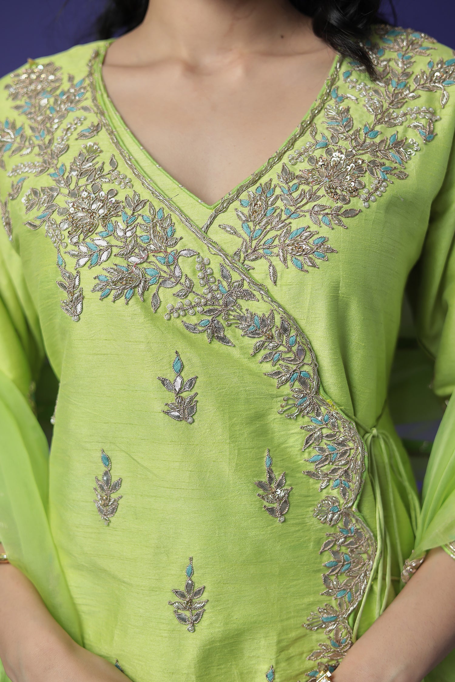 Raw Silk Suit Embroidered with Gota Patti and Zardozi work