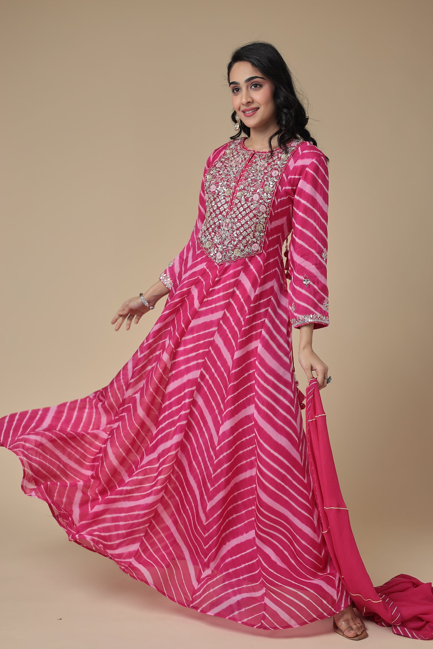 Leheriya Anarkali Organza Suit with Zardozi and Embroidered work