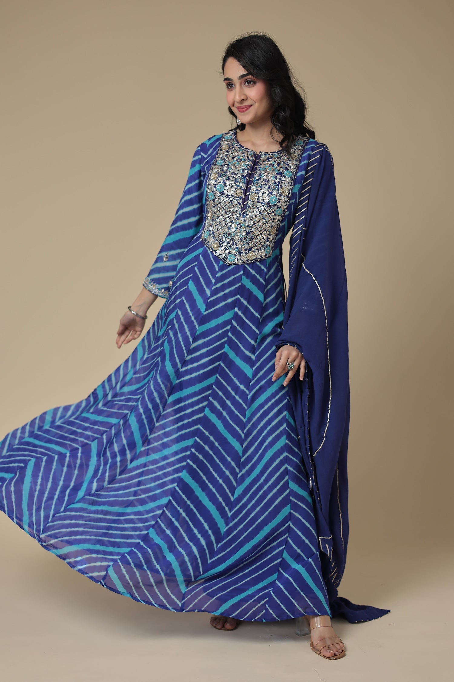 Leheriya Anarkali Organza Suit with Zardozi and Embroidered work