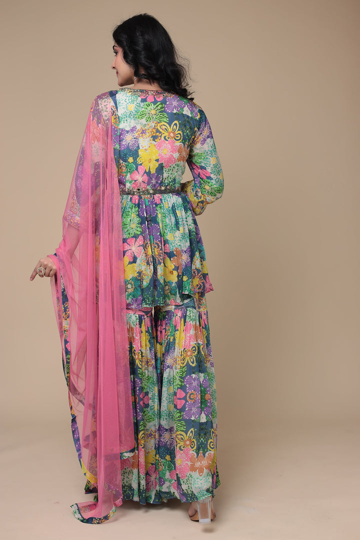 Embroidered Printed Chinon Peplum Suit with Mirror work