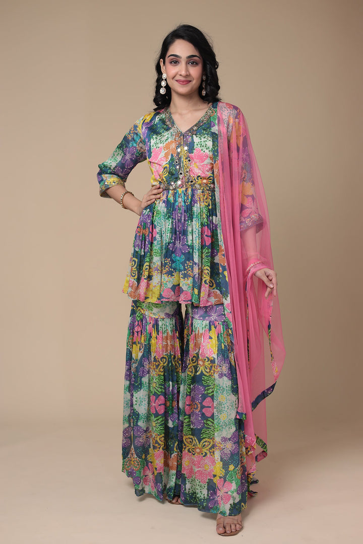 Embroidered Printed Chinon Peplum Suit with Mirror work