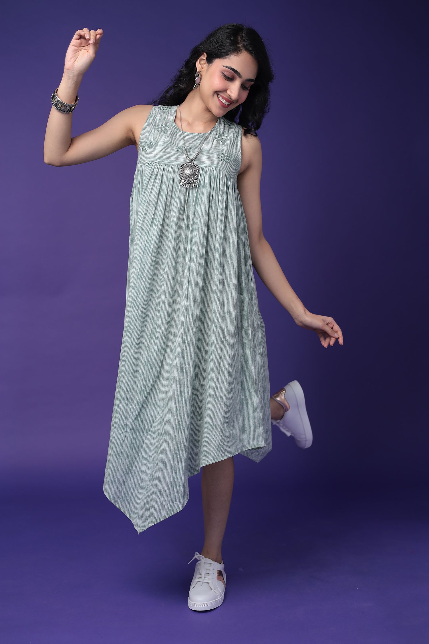 Printed Cotton Dress with Embroidered work