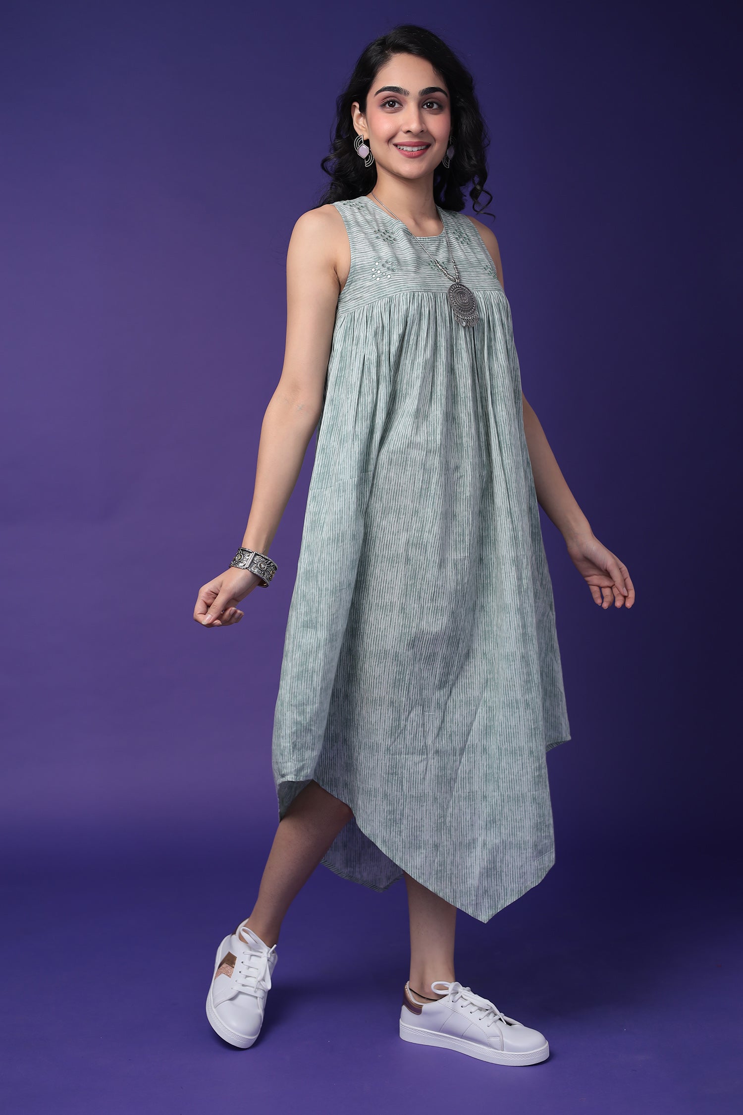 Printed Cotton Dress with Embroidered work