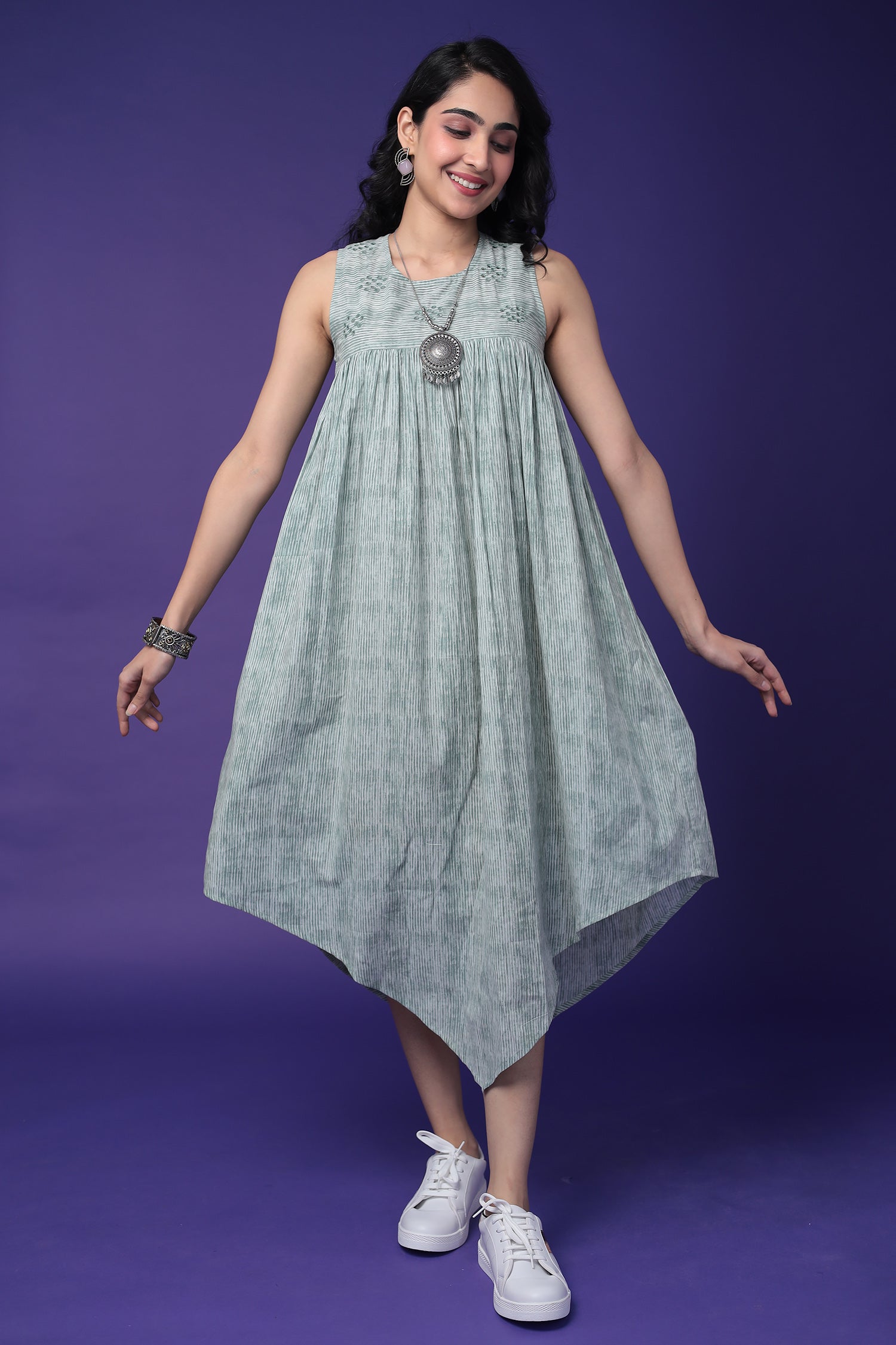 Printed Cotton Dress with Embroidered work