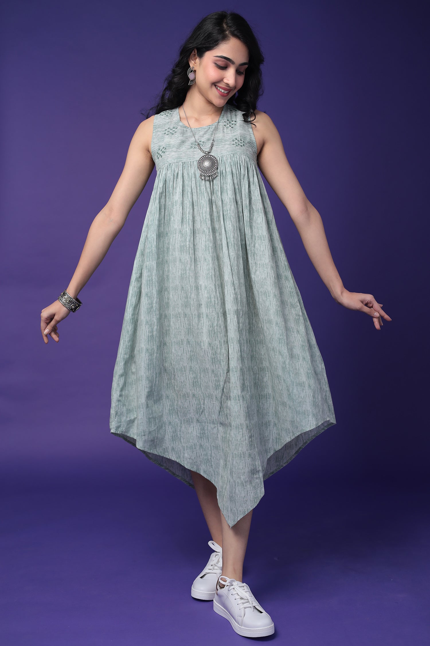 Printed Cotton Dress with Embroidered work