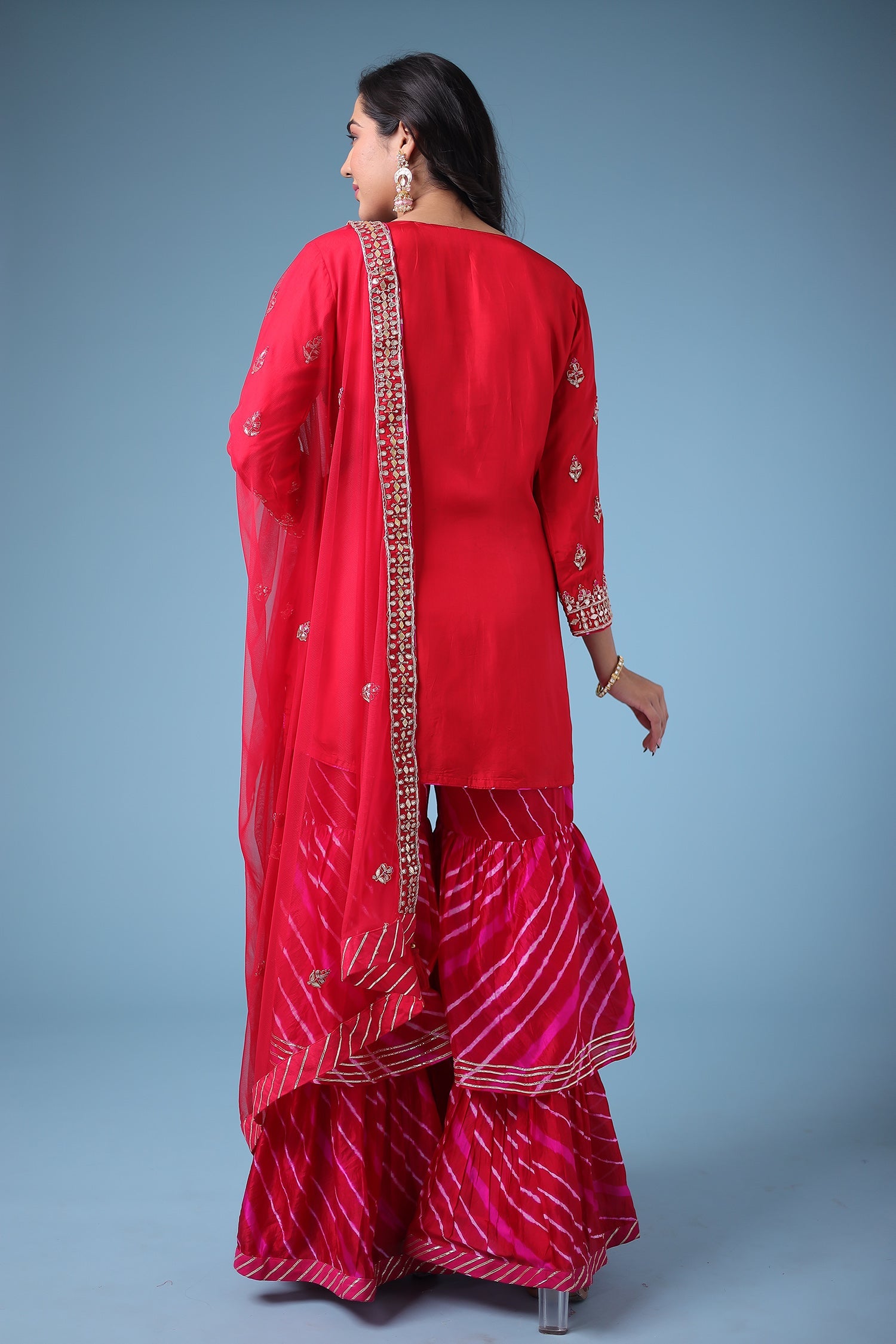 Embroidered Leheriya Silk Suit with Gota Patti and Zardozi work.