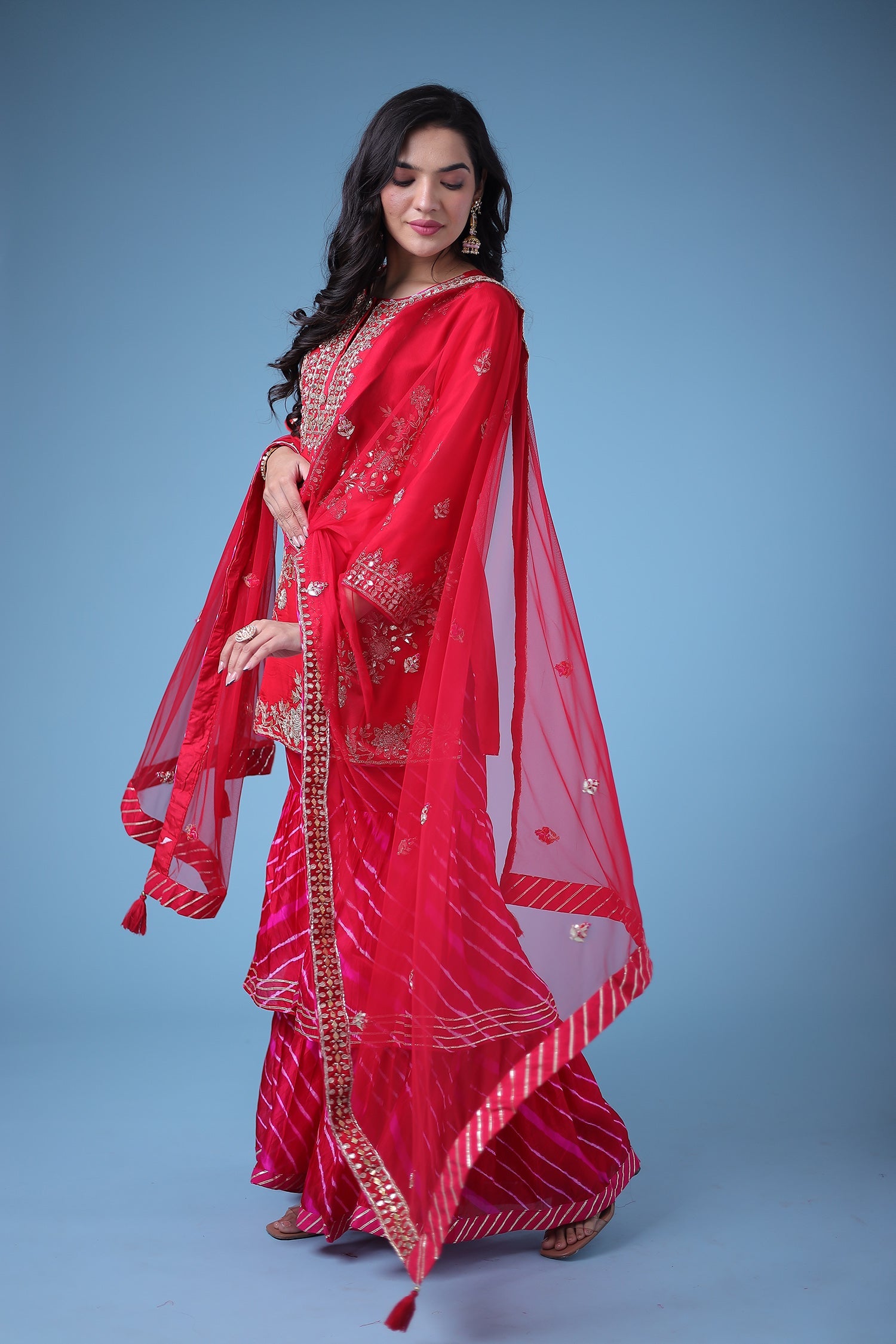 Embroidered Leheriya Silk Suit with Gota Patti and Zardozi work.