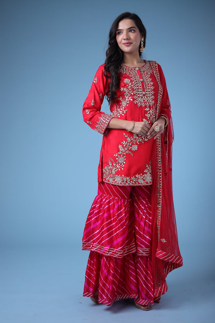 Embroidered Leheriya Silk Suit with Gota Patti and Zardozi work.