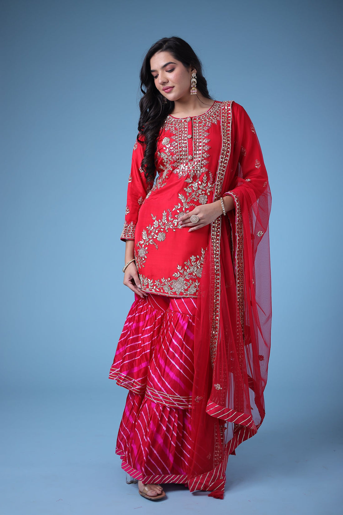 Embroidered Leheriya Silk Suit with Gota Patti and Zardozi work.