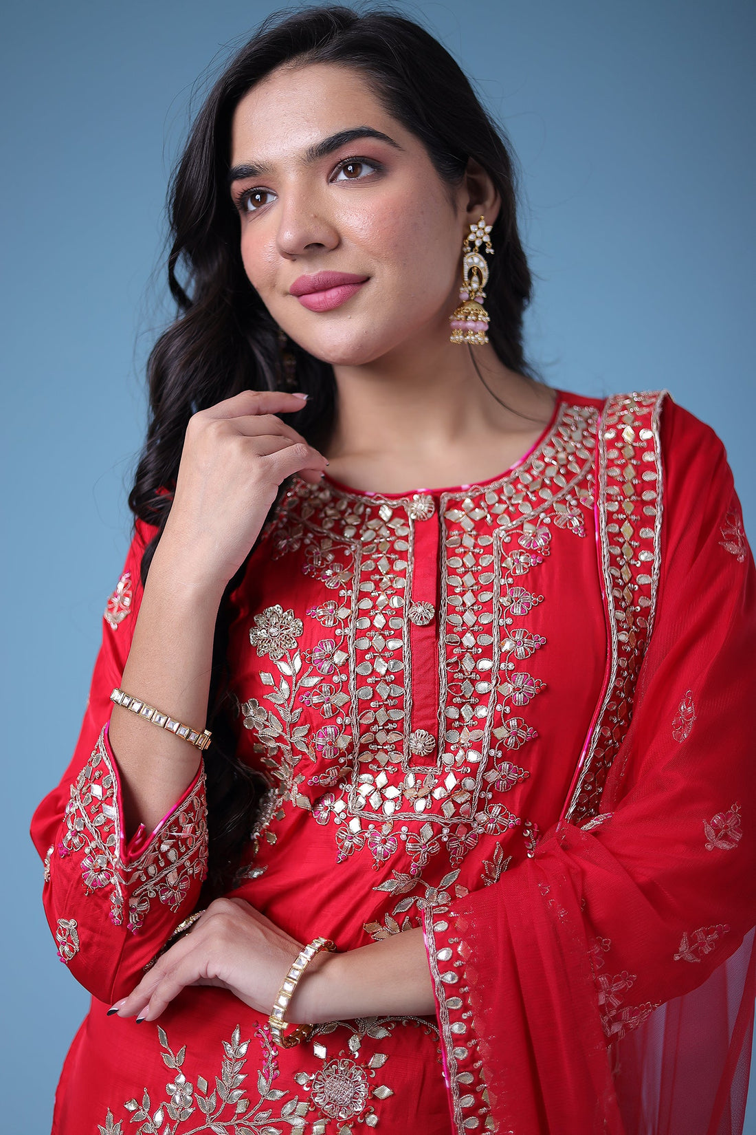Embroidered Leheriya Silk Suit with Gota Patti and Zardozi work.