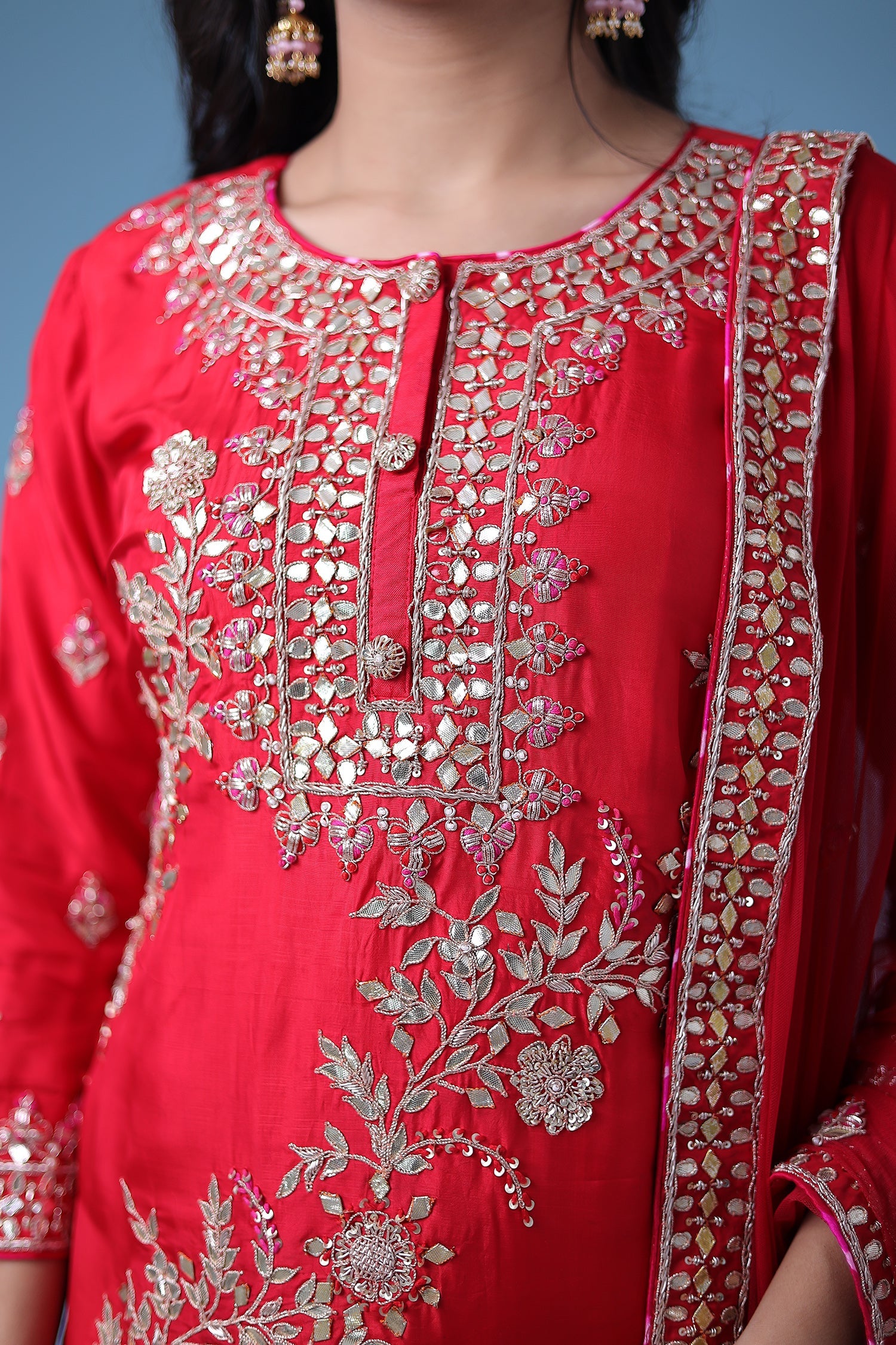 Embroidered Leheriya Silk Suit with Gota Patti and Zardozi work.