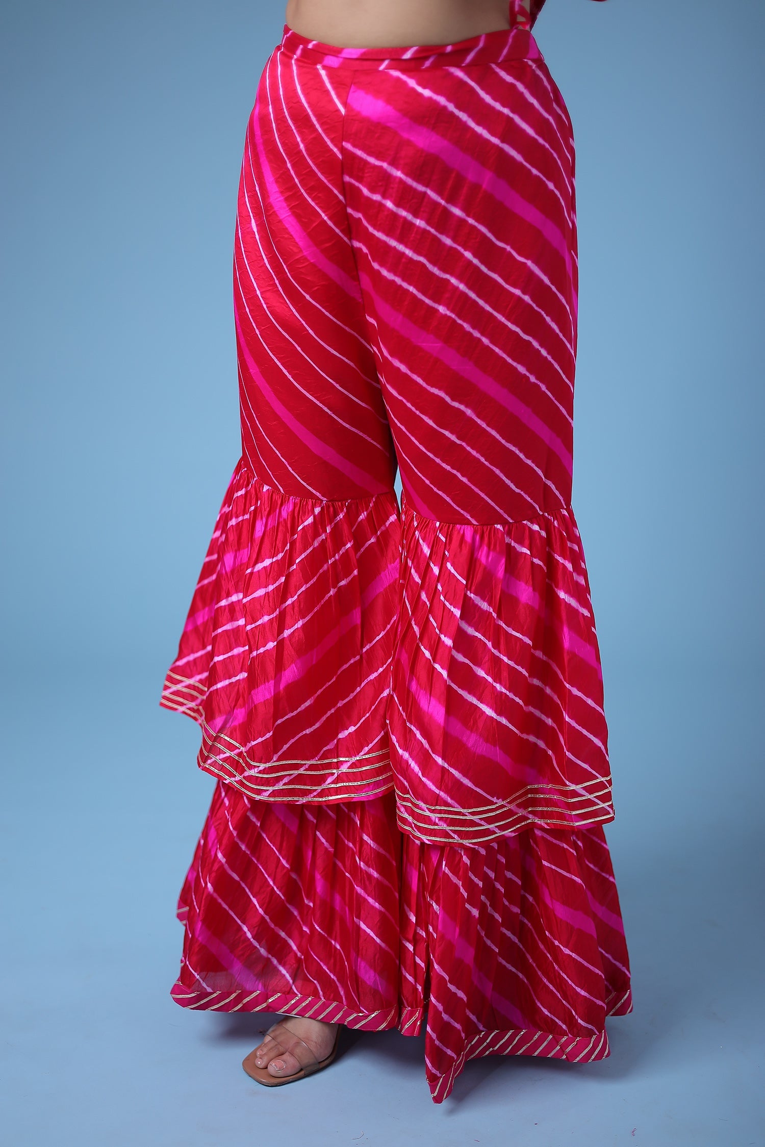 Embroidered Leheriya Silk Suit with Gota Patti and Zardozi work.