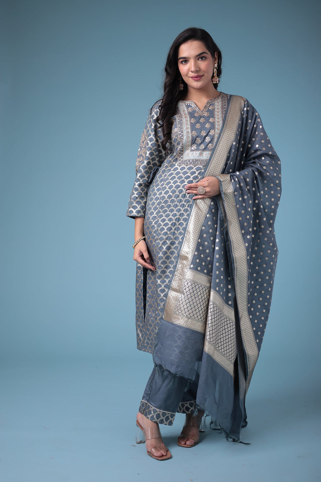 Handloom Straight Cut Silk Suit with Gota Patti work