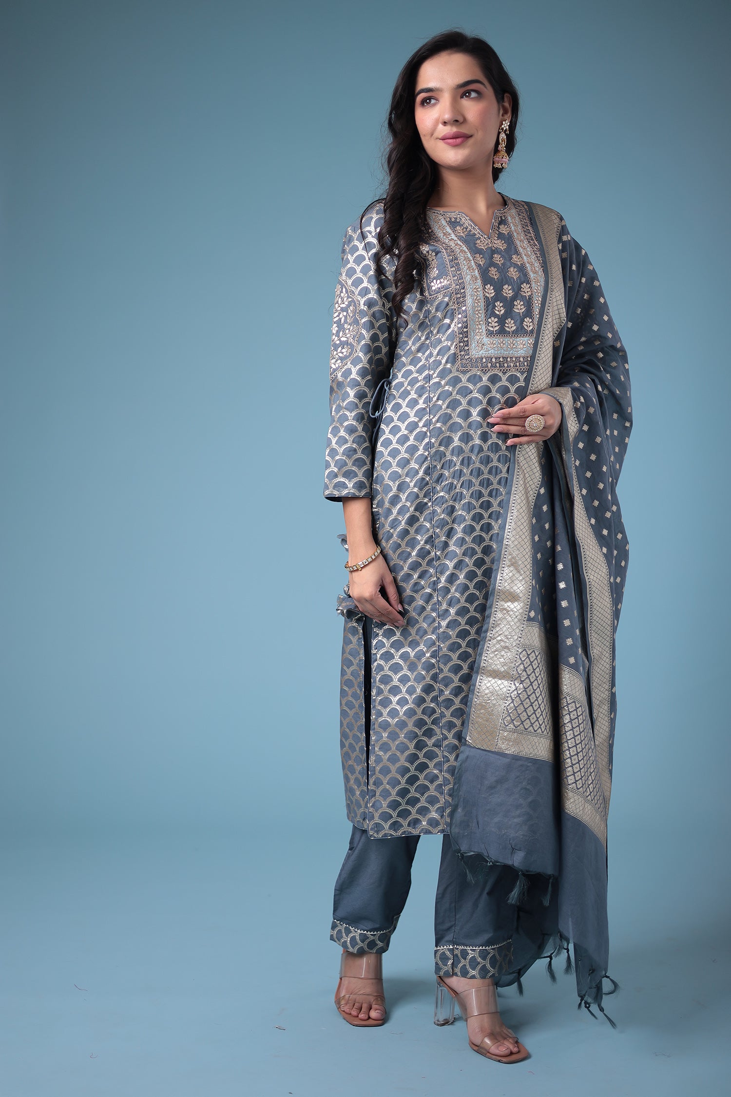 Handloom Straight Cut Silk Suit with Gota Patti work