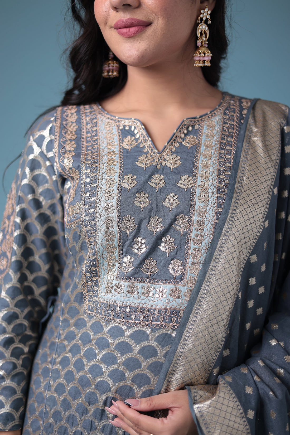 Handloom Straight Cut Silk Suit with Gota Patti work