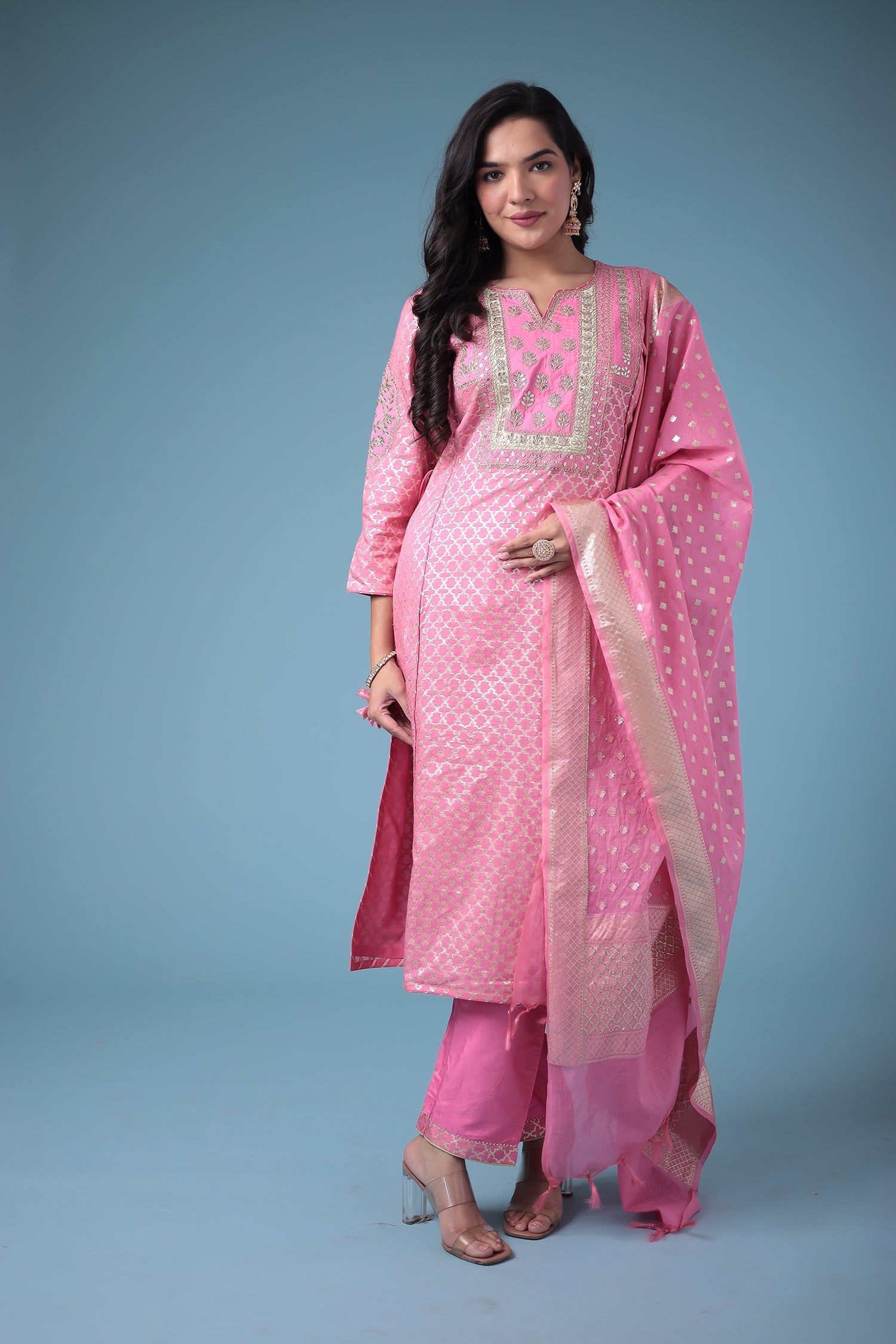 Handloom Straight Cut Silk Suit with Gota Patti work