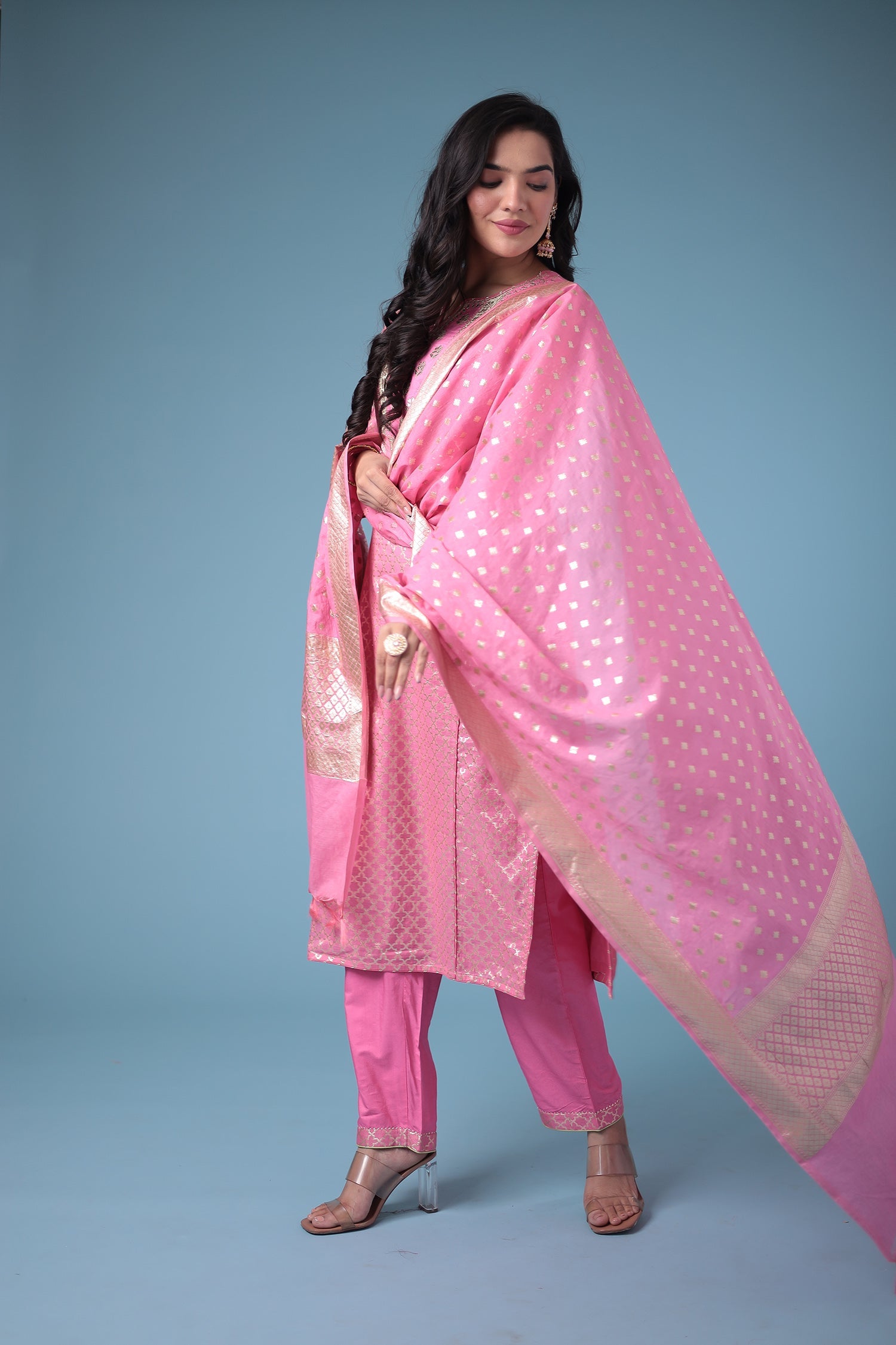 Handloom Straight Cut Silk Suit with Gota Patti work