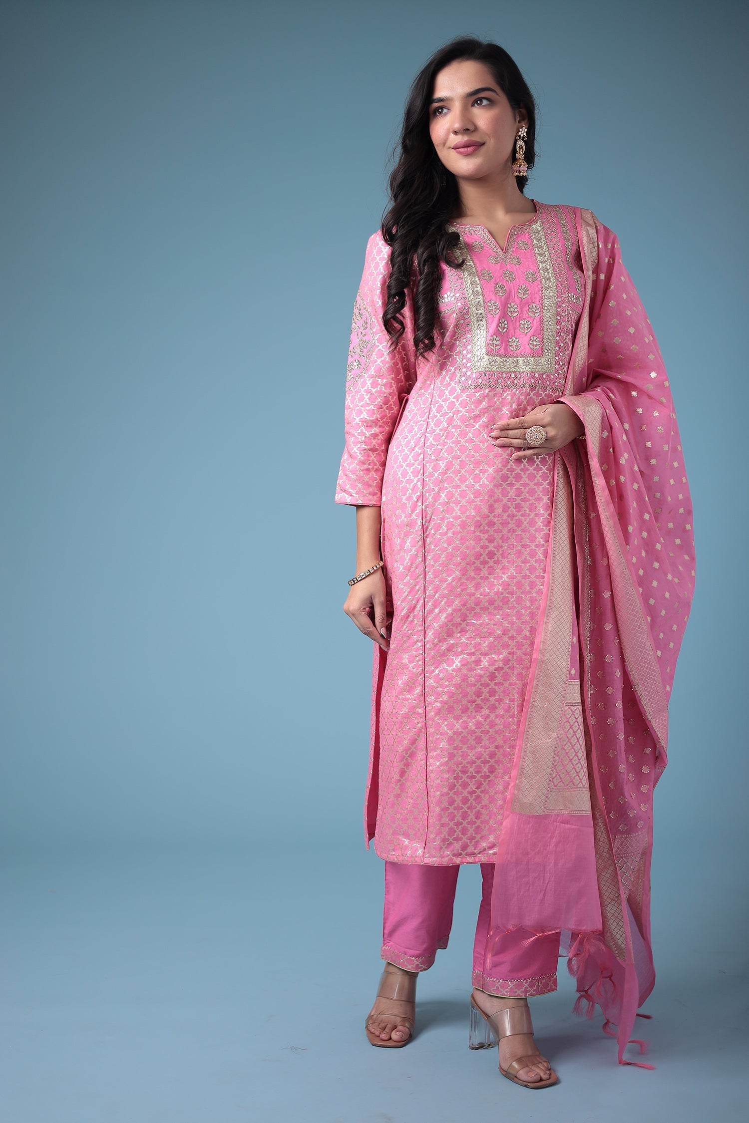 Handloom Straight Cut Silk Suit with Gota Patti work