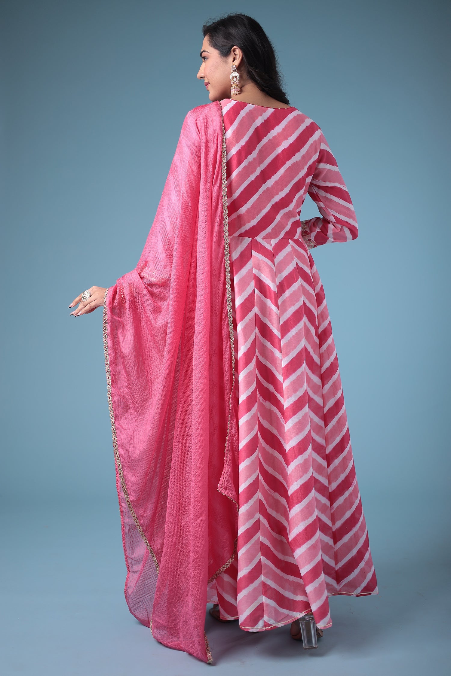 Embroidered Anarkali Leheriya Chanderi Suit with Gota Patti work