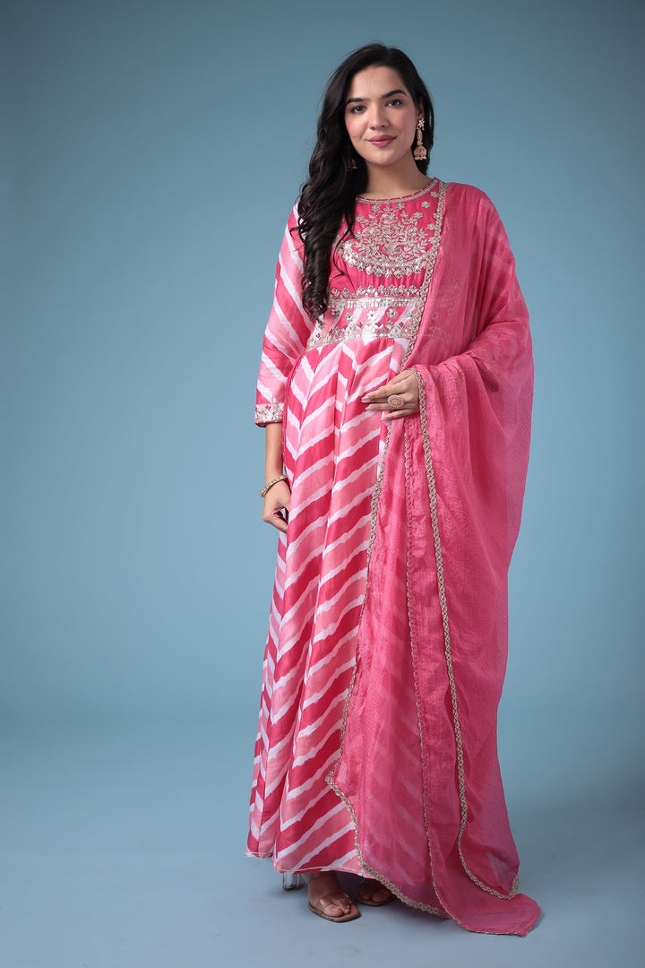 Embroidered Anarkali Leheriya Chanderi Suit with Gota Patti work