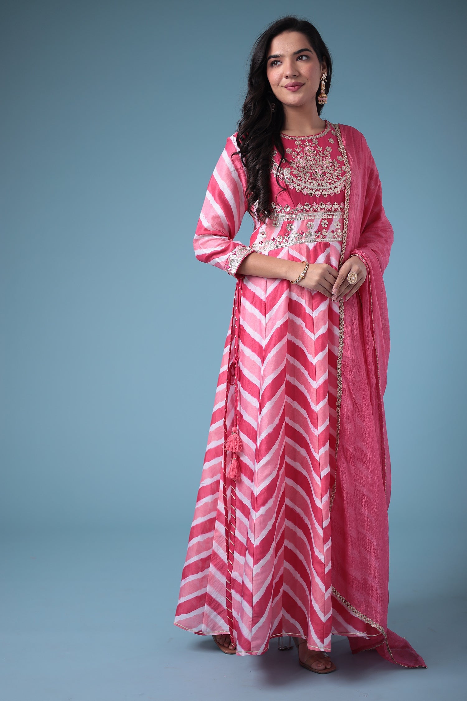 Embroidered Anarkali Leheriya Chanderi Suit with Gota Patti work