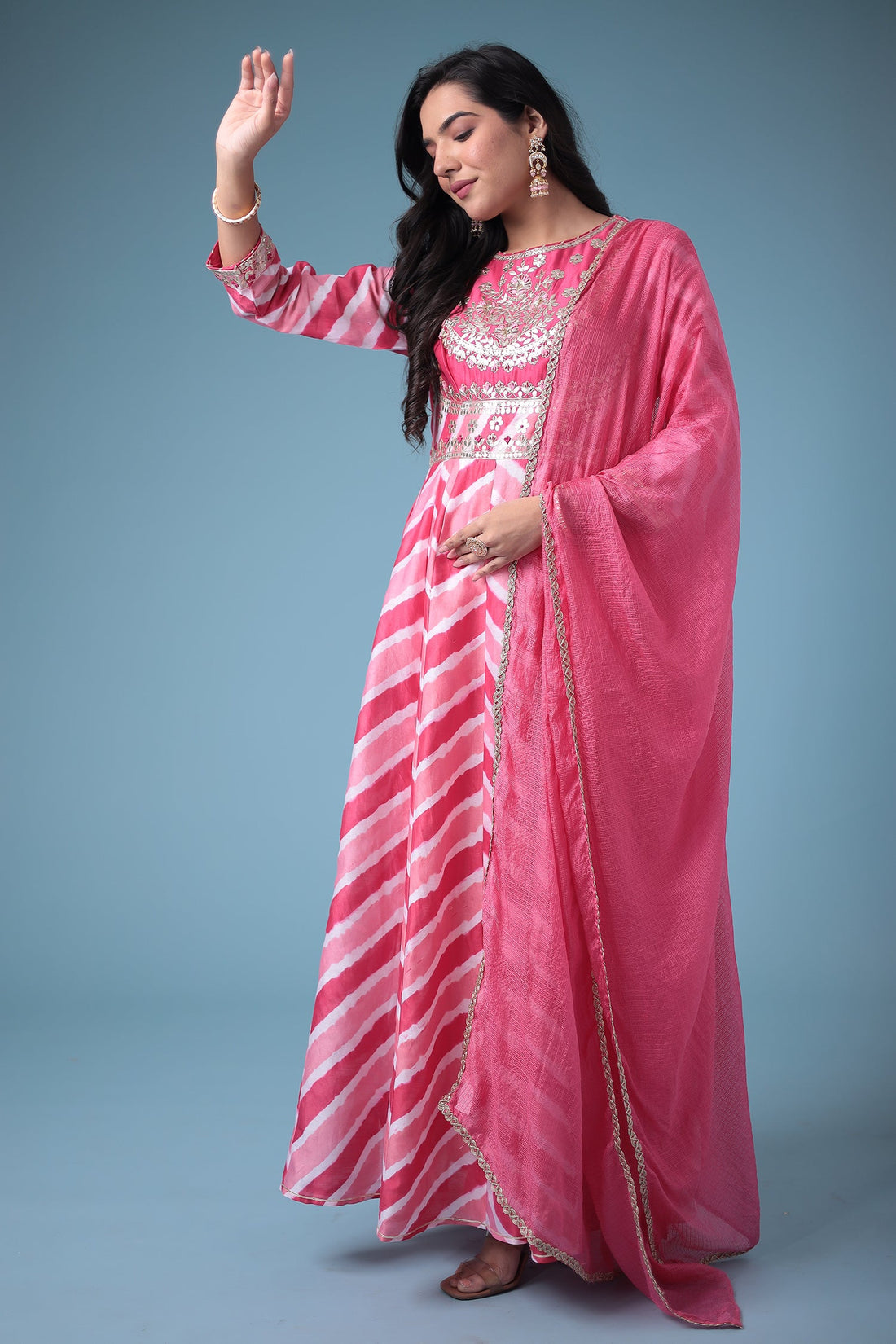 Embroidered Anarkali Leheriya Chanderi Suit with Gota Patti work