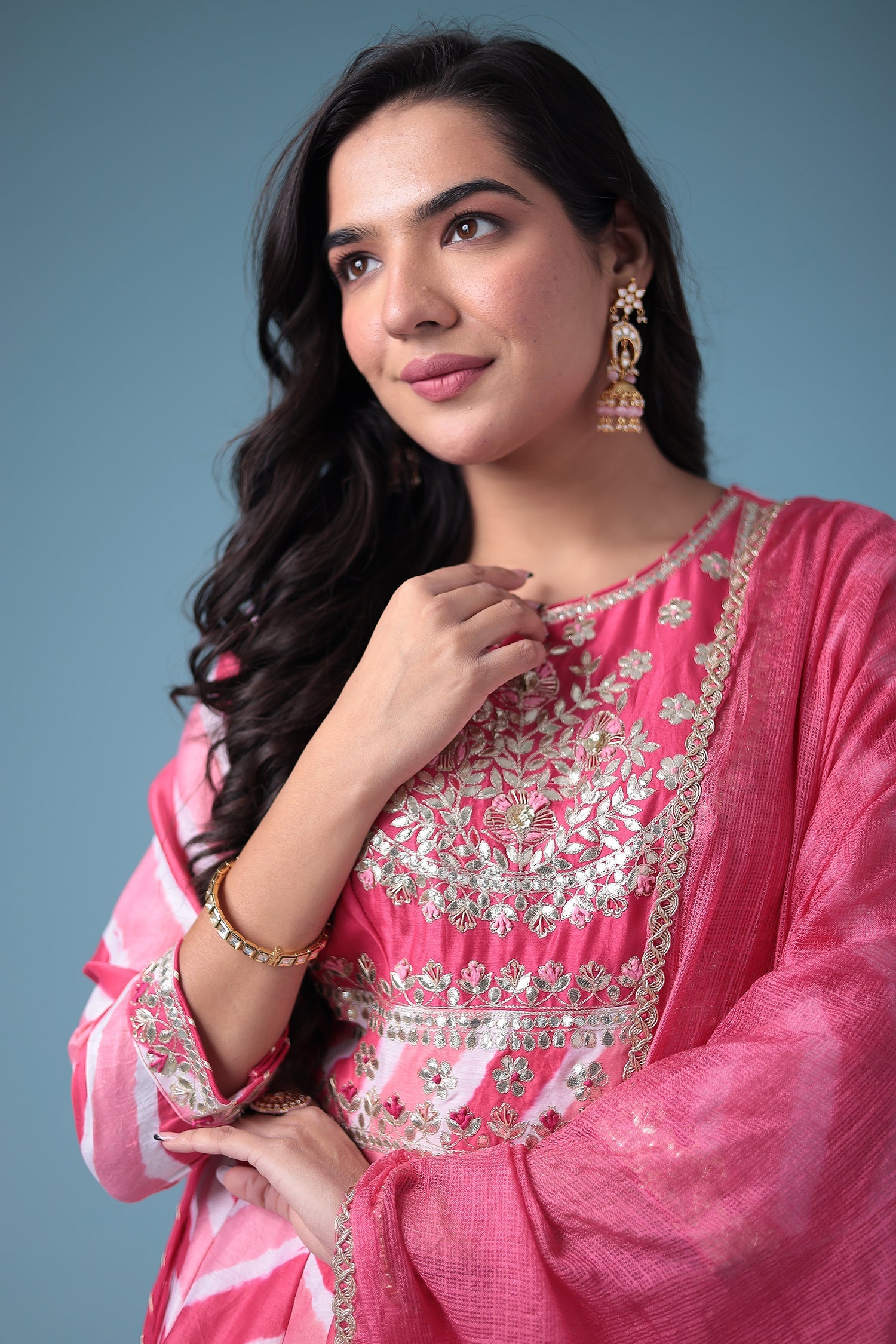 Embroidered Anarkali Leheriya Chanderi Suit with Gota Patti work