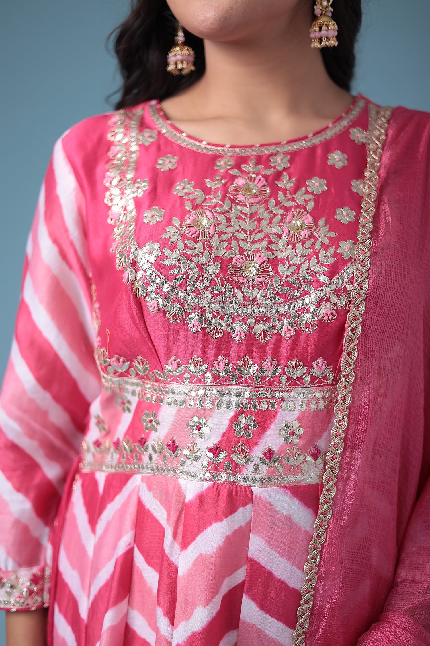 Embroidered Anarkali Leheriya Chanderi Suit with Gota Patti work