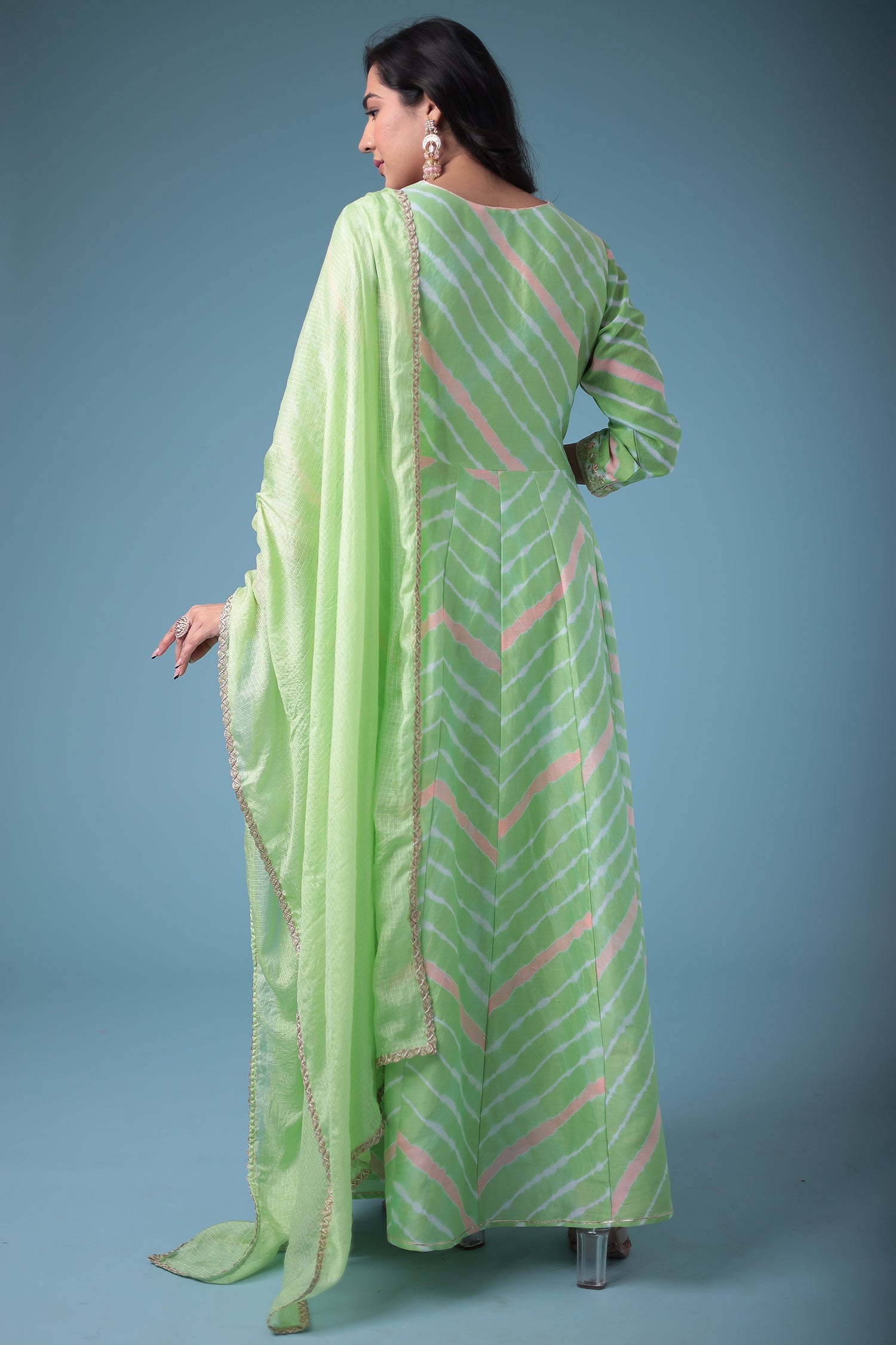 Embroidered Anarkali Leheriya Chanderi Suit with Gota Patti work