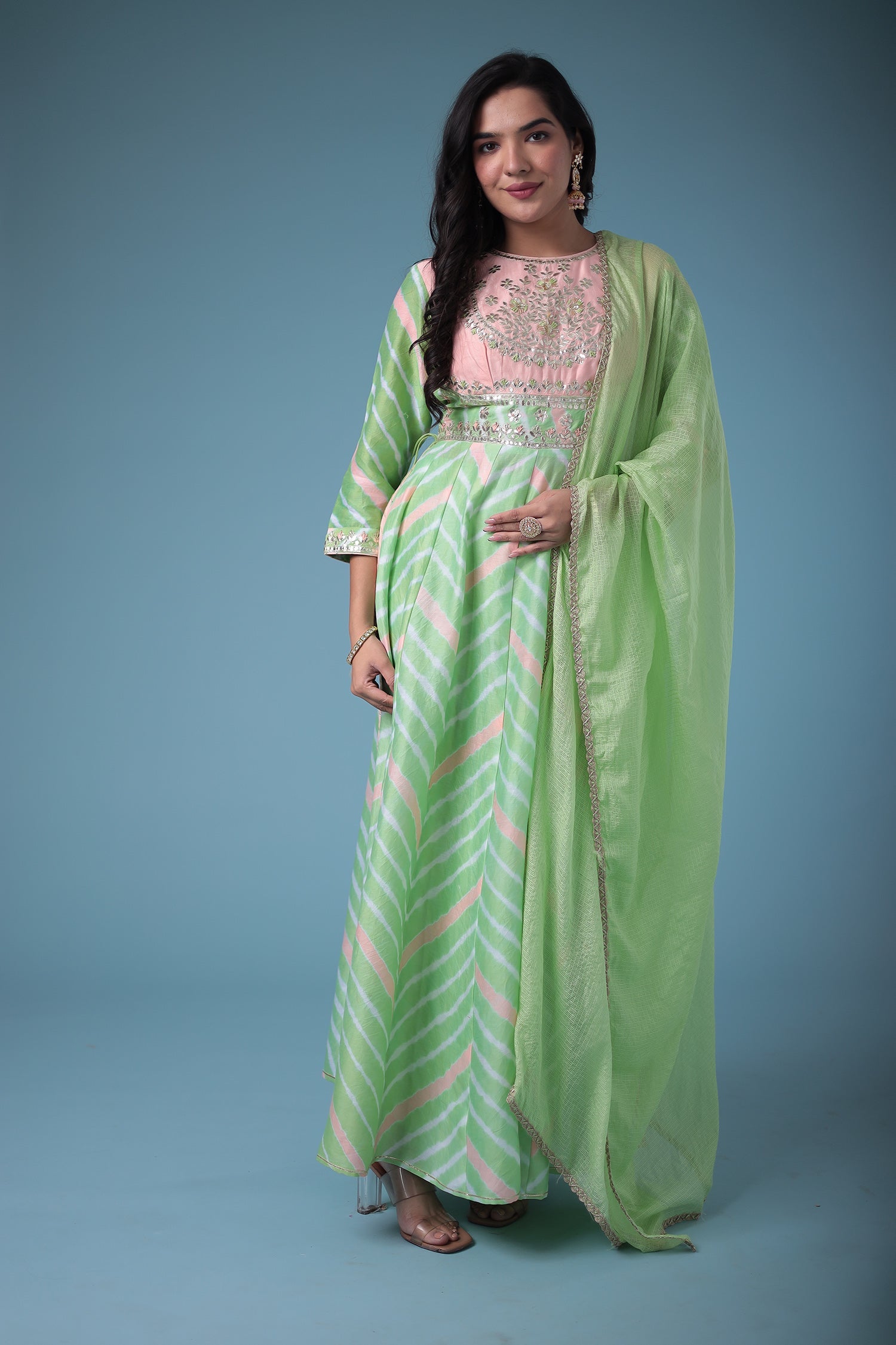 Embroidered Anarkali Leheriya Chanderi Suit with Gota Patti work