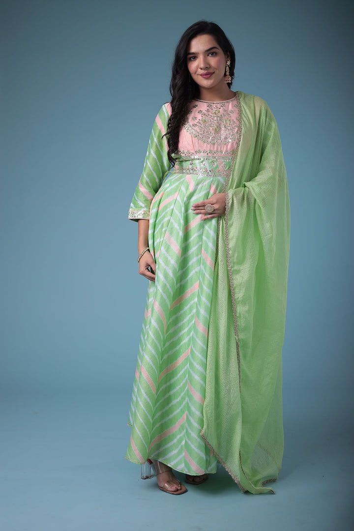 Embroidered Anarkali Leheriya Chanderi Suit with Gota Patti work