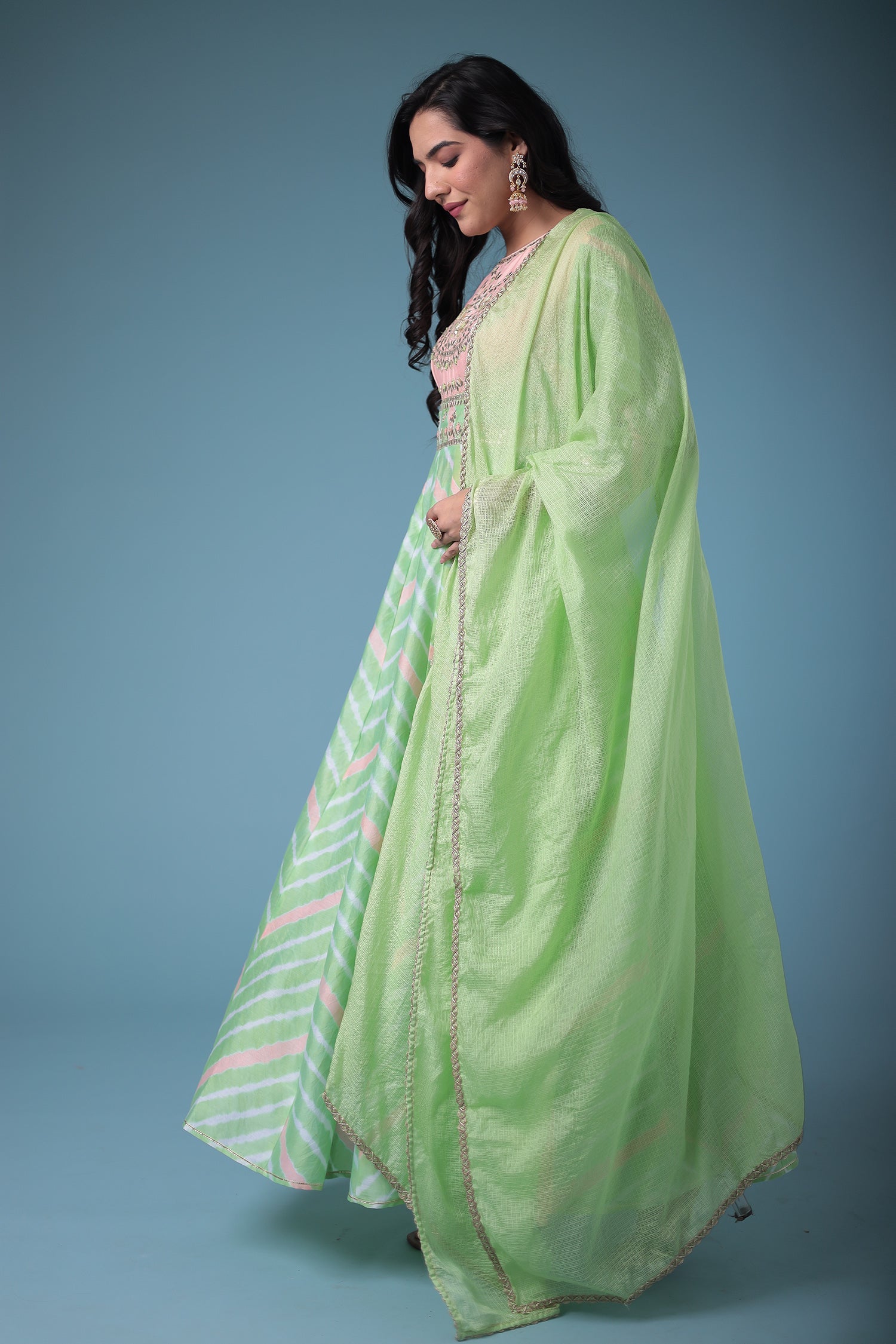 Embroidered Anarkali Leheriya Chanderi Suit with Gota Patti work