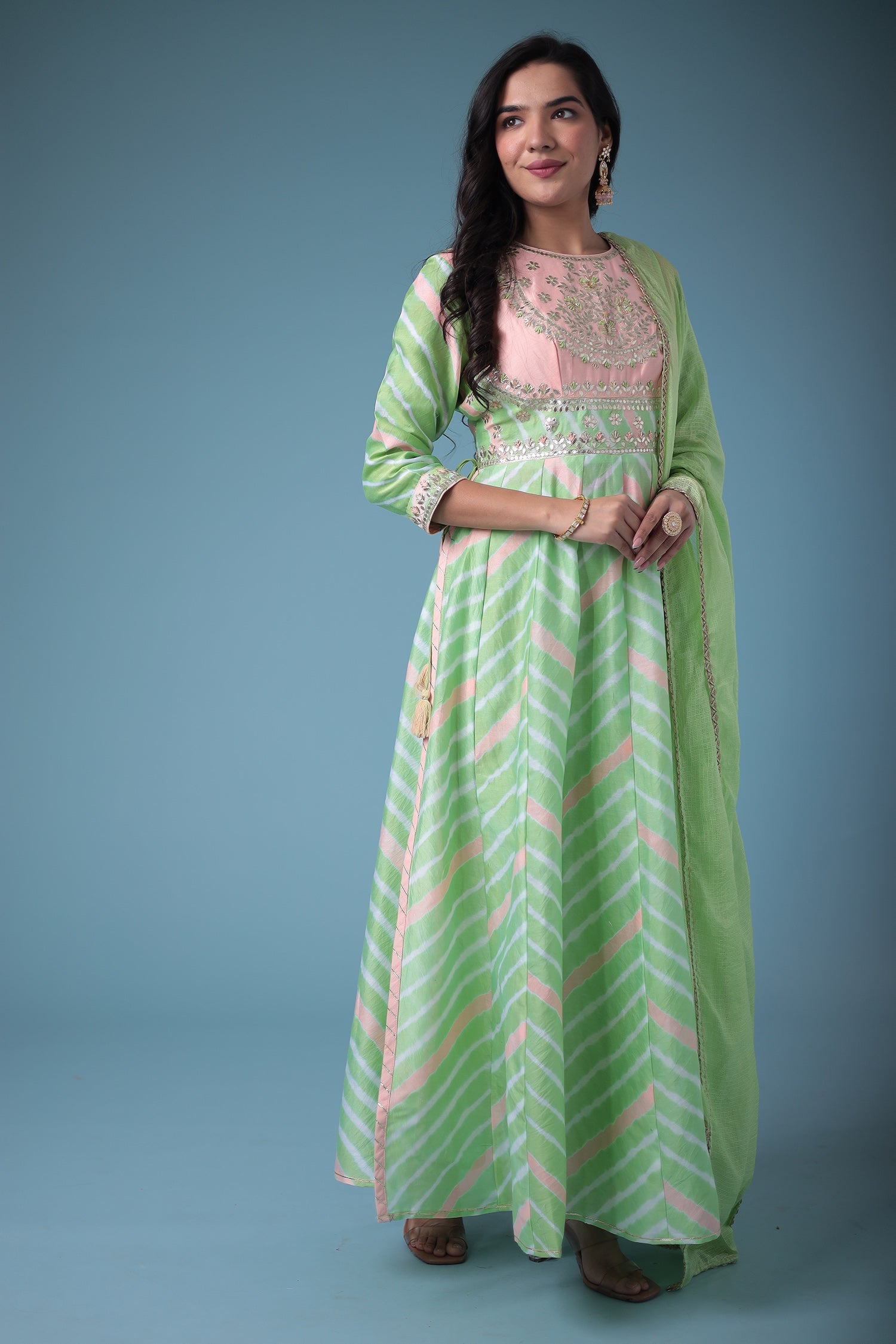 Embroidered Anarkali Leheriya Chanderi Suit with Gota Patti work