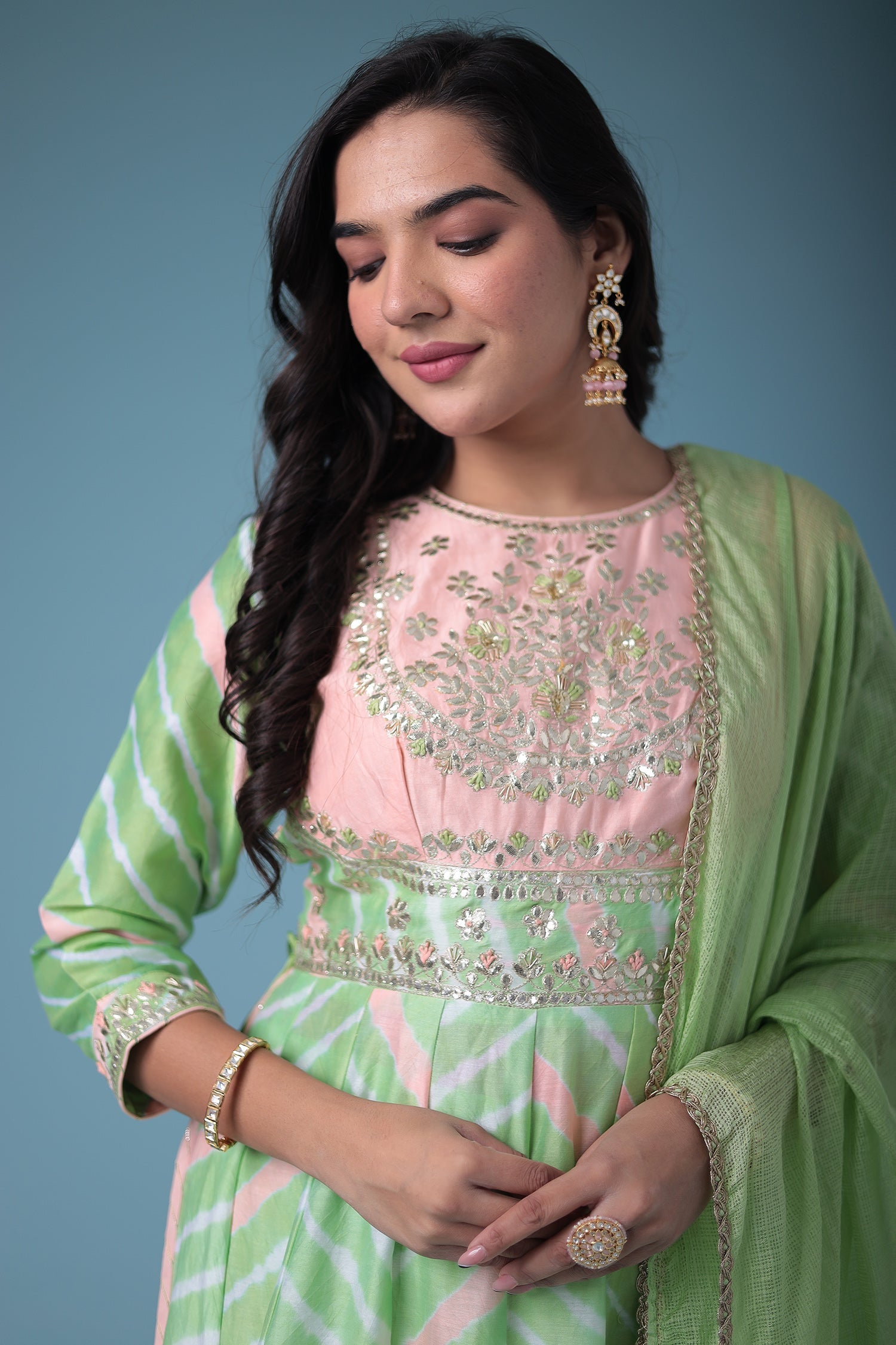 Embroidered Anarkali Leheriya Chanderi Suit with Gota Patti work