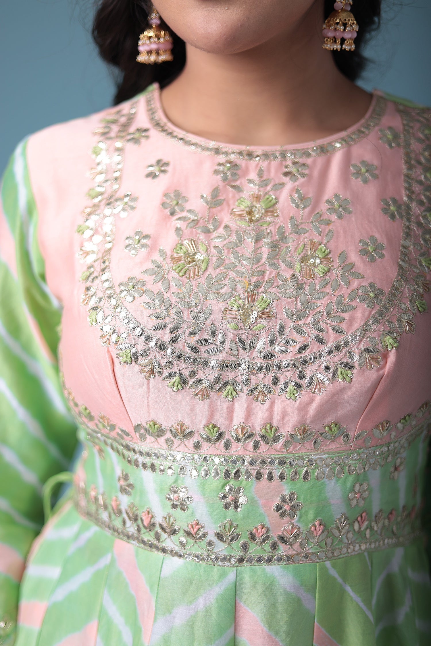 Embroidered Anarkali Leheriya Chanderi Suit with Gota Patti work